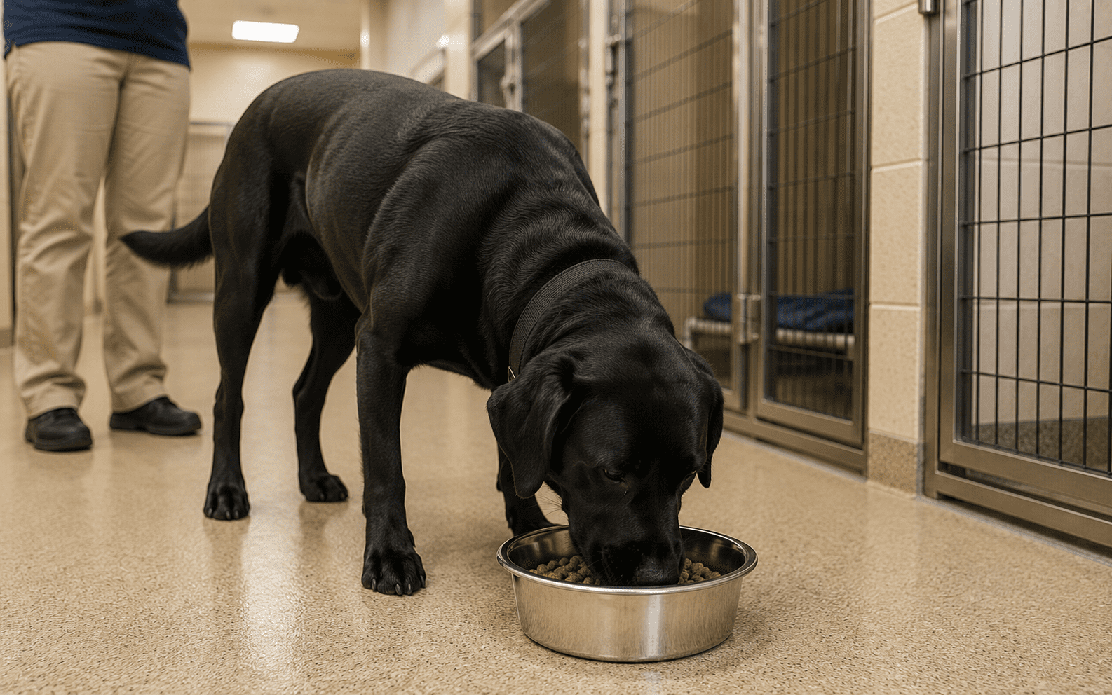 What Is Dog Boarding and How Does It Actually Work? 1 A black Labrador retriever eats from a bowl of kibble on the floor in an indoor kennel, with a person standing nearby and empty cages in the background.