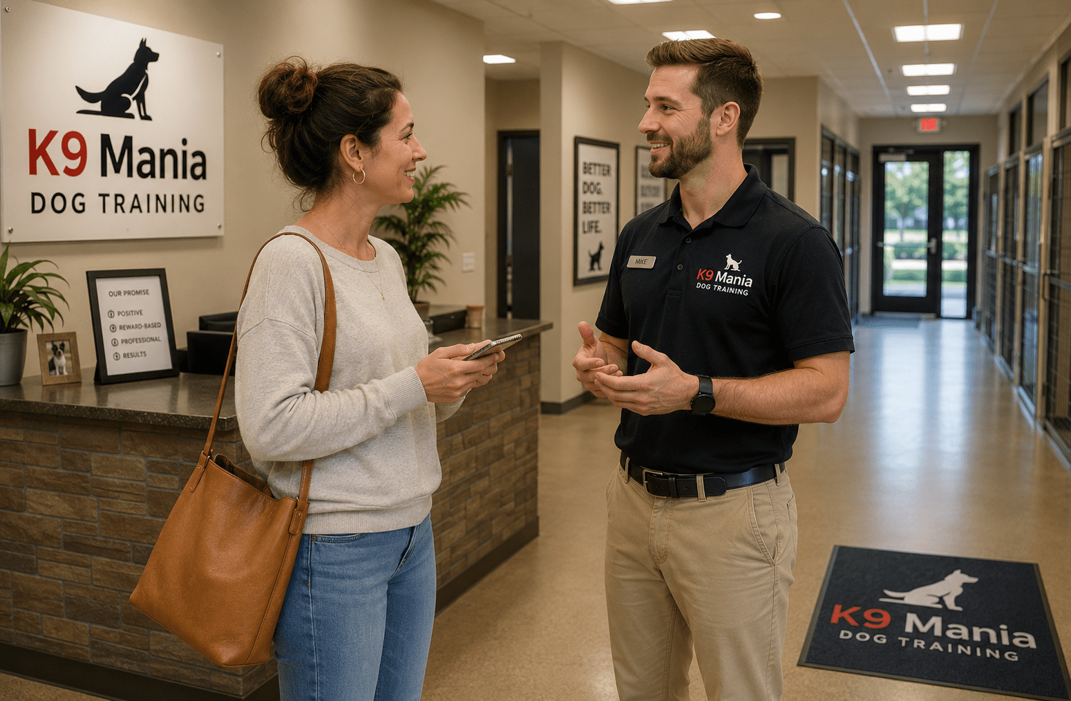 What Is Dog Boarding and How Does It Actually Work? 5 A woman holding a tablet talks to a man in a K9 Mania Dog Training uniform in a modern office lobby, with a K9 Mania logo on the mat and counter in the background.