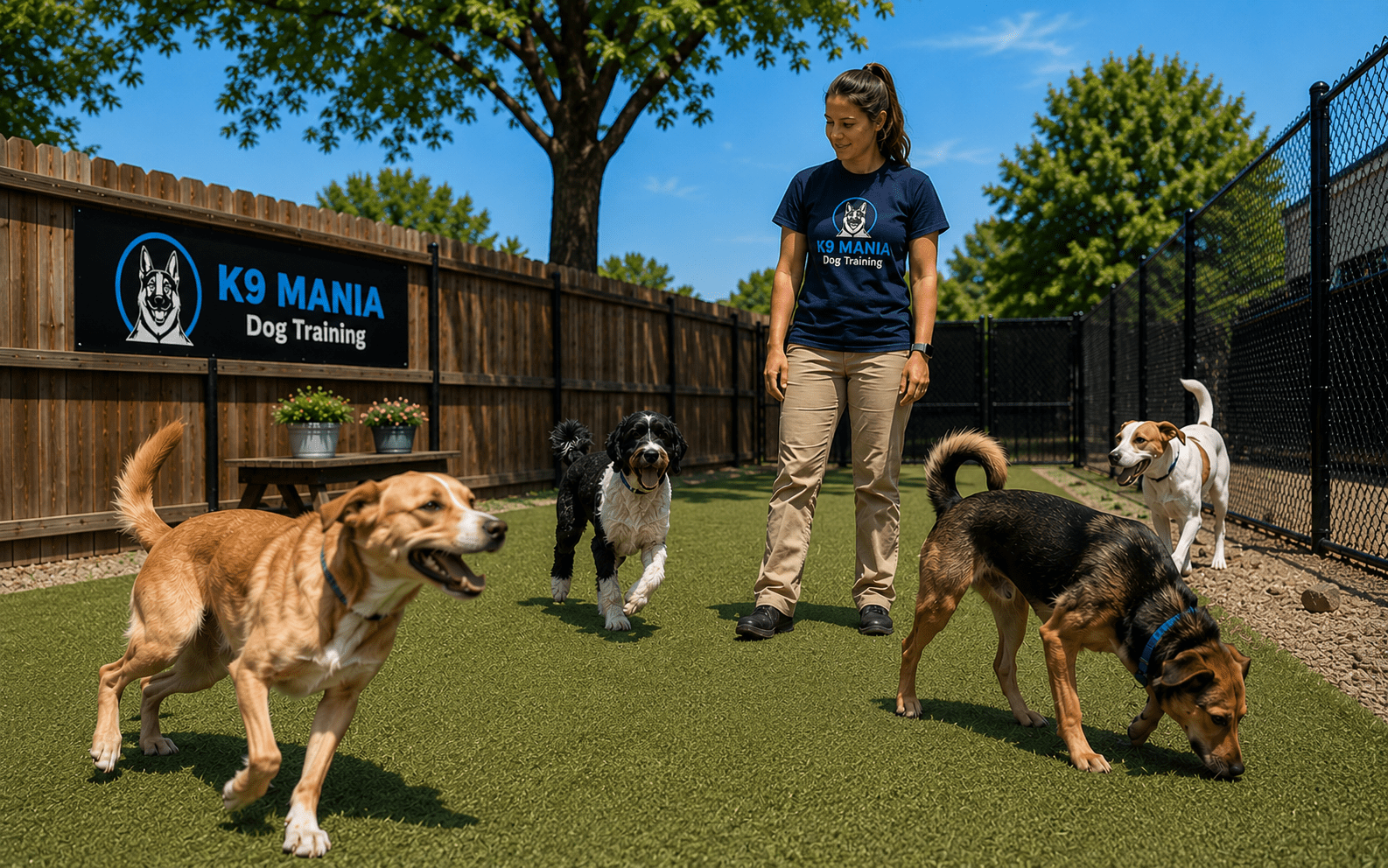 What Is Dog Boarding and How Does It Actually Work? 3 A woman in a "K9 MANIA Dog Training" shirt stands outside on artificial grass with four playful dogs at a fenced dog training facility on a sunny day.