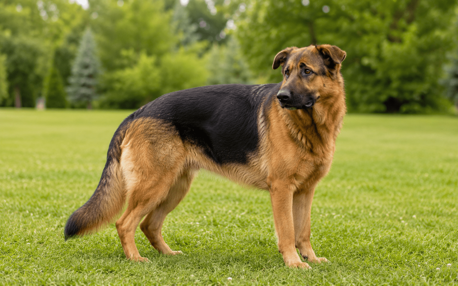 How Do Dogs Communicate With Each Other (and What It Means for You) 1 A German Shepherd stands alert on green grass in a park, looking to the side. Lush green trees and shrubs fill the background on a bright day.