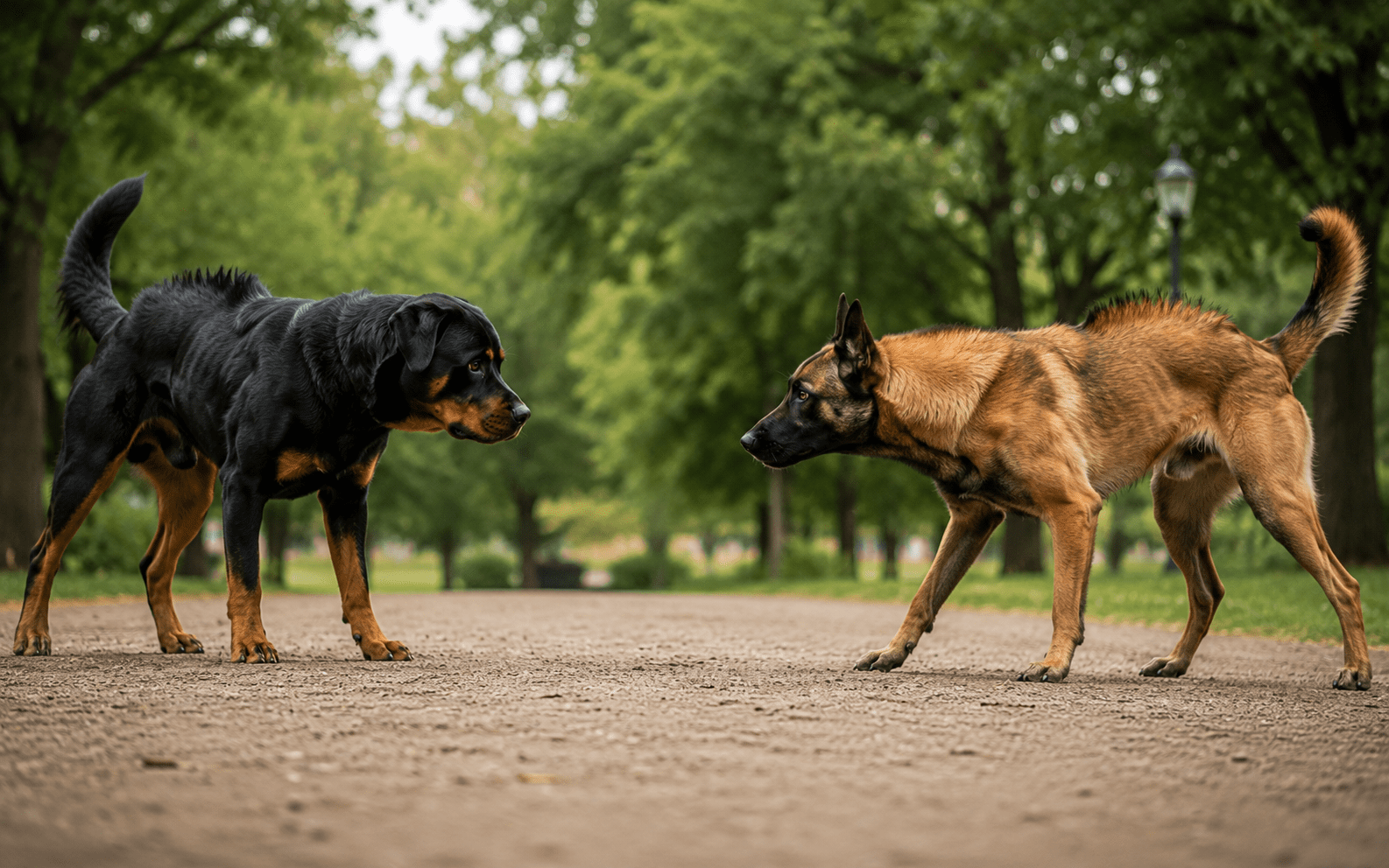How to Stop Dogs From Fighting Before It Gets Worse 1 Two dogs, a Rottweiler and a Belgian Malinois, stand facing each other tensely on a dirt path in a park lined with green trees, as if preparing to confront or interact.