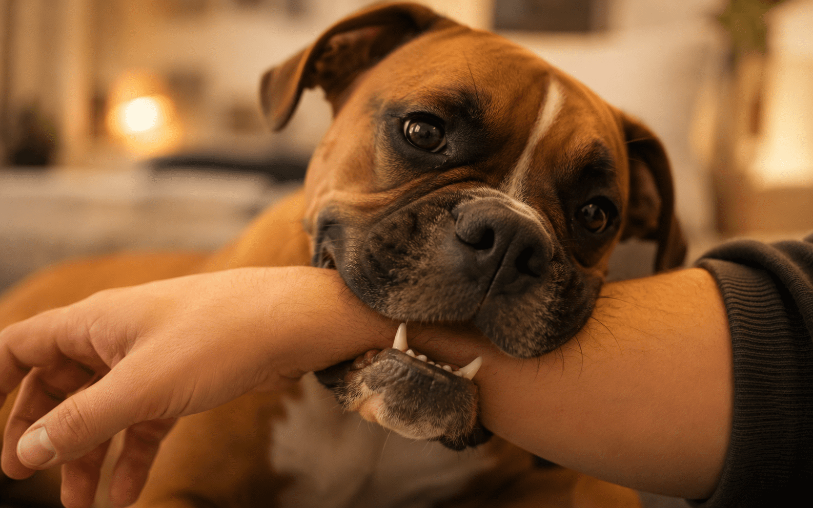 Why Do Dogs Nibble on You? What It Really Means 3 A brown boxer dog gently biting a person's hand, playfully holding it in its mouth. The background is indoors with warm lighting, creating a cozy atmosphere.