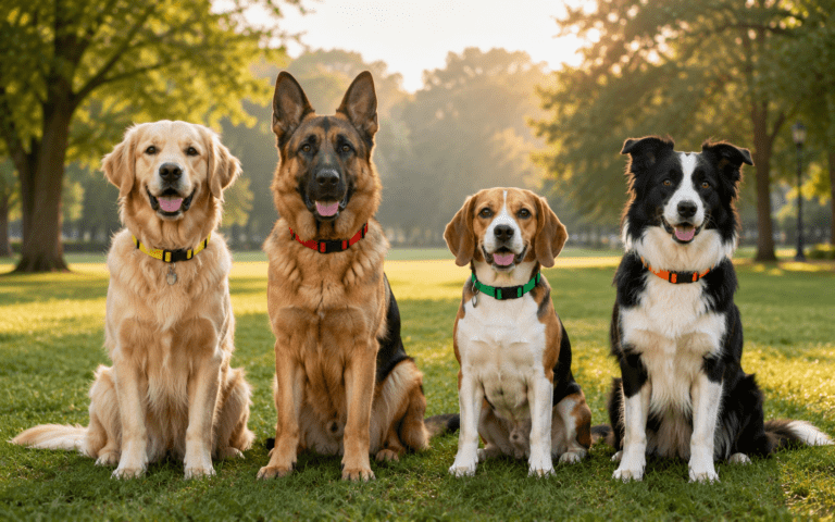 Four dogs—a Golden Retriever, German Shepherd, Beagle, and Border Collie—sit side by side on grass in a sunlit park, all facing the camera and wearing colorful collars. Trees and soft sunlight are in the background.