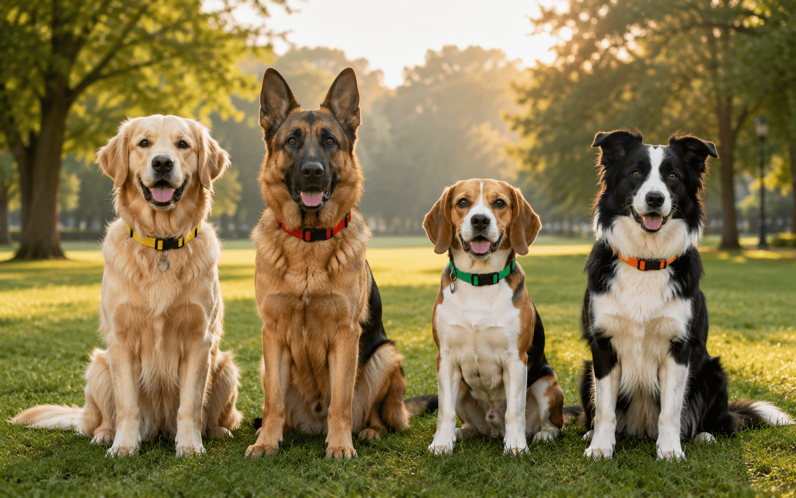 Four dogs—a Golden Retriever, German Shepherd, Beagle, and Border Collie—sit side by side on grass in a sunlit park, all facing the camera and wearing colorful collars. Trees and soft sunlight are in the background.