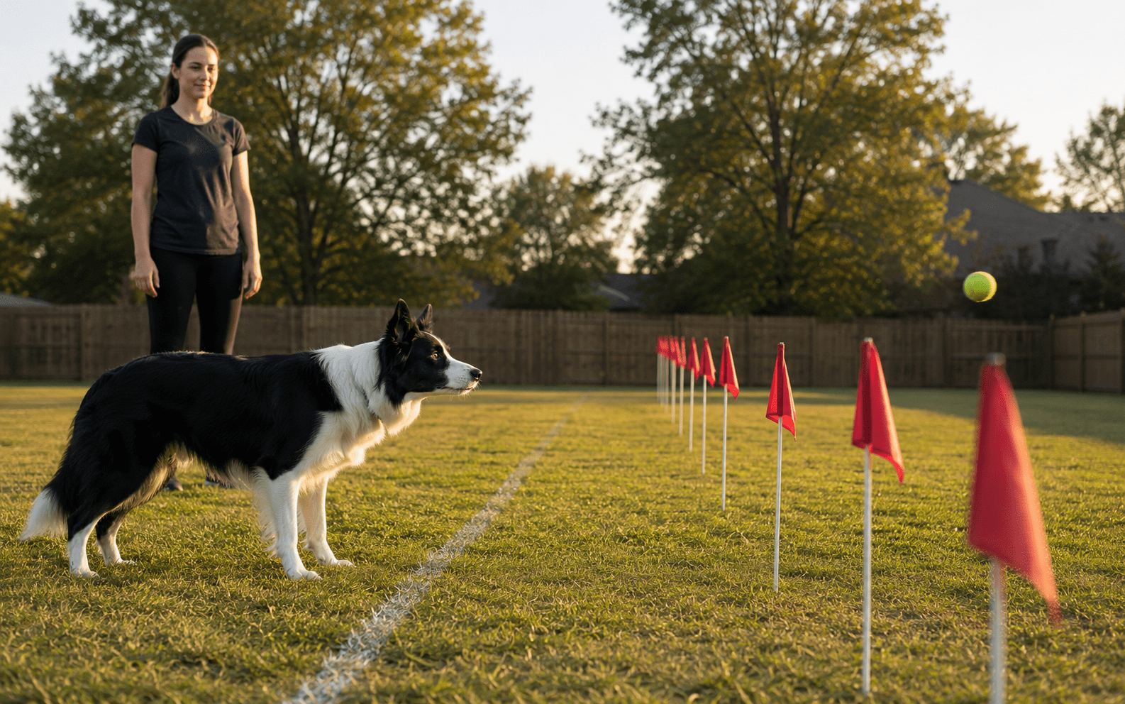 How to Train a Dog on Invisible Fence: Steps That Actually Work 3 A woman stands on a grassy field watching a Border Collie focused on a tennis ball in mid-air. Red flags mark a path on the field, and trees and a fence are visible in the background.