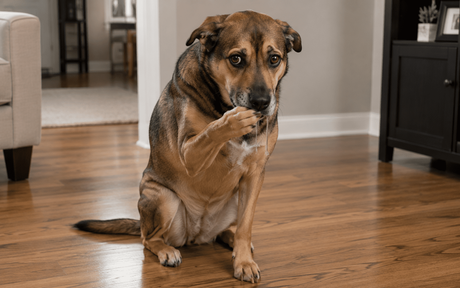 Why Do Dogs Drool: Real Causes Every Dog Owner Should Know 3 A brown and black dog sits on a wooden floor indoors, looking up with wide eyes and holding one paw up to its mouth, appearing shy or anxious. Furniture and a cabinet are visible in the background.