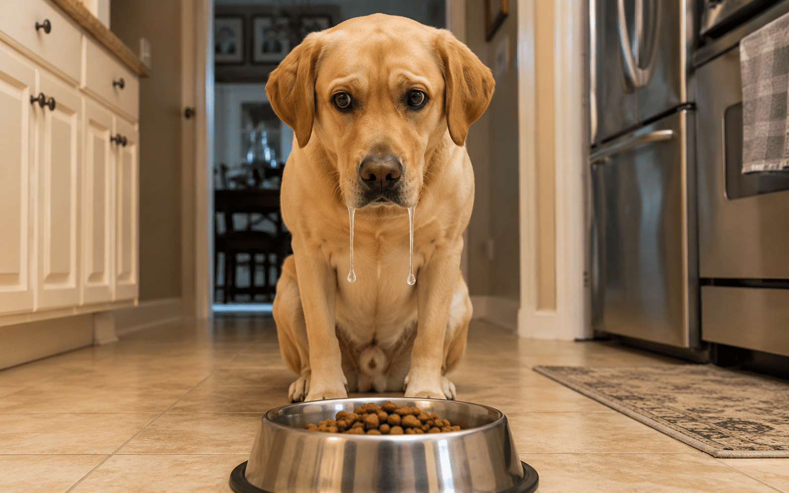 Why Do Dogs Drool: Real Causes Every Dog Owner Should Know 1 A yellow Labrador retriever sits on a kitchen floor, staring hungrily at a bowl of kibble, with drool dripping from its mouth.