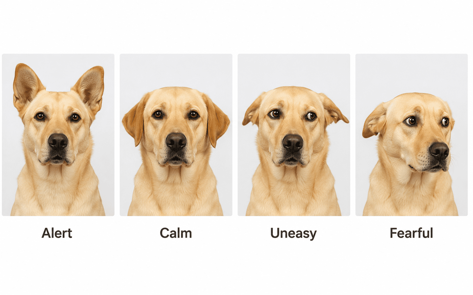 Dog Ear Signals Decoded: What Every Position Tells You 3 Four dogs display different emotions. From left to right: alert with ears up, calm with relaxed face, uneasy with eyes looking to the side, and fearful with head turned and ears back. Each emotion is labeled below.