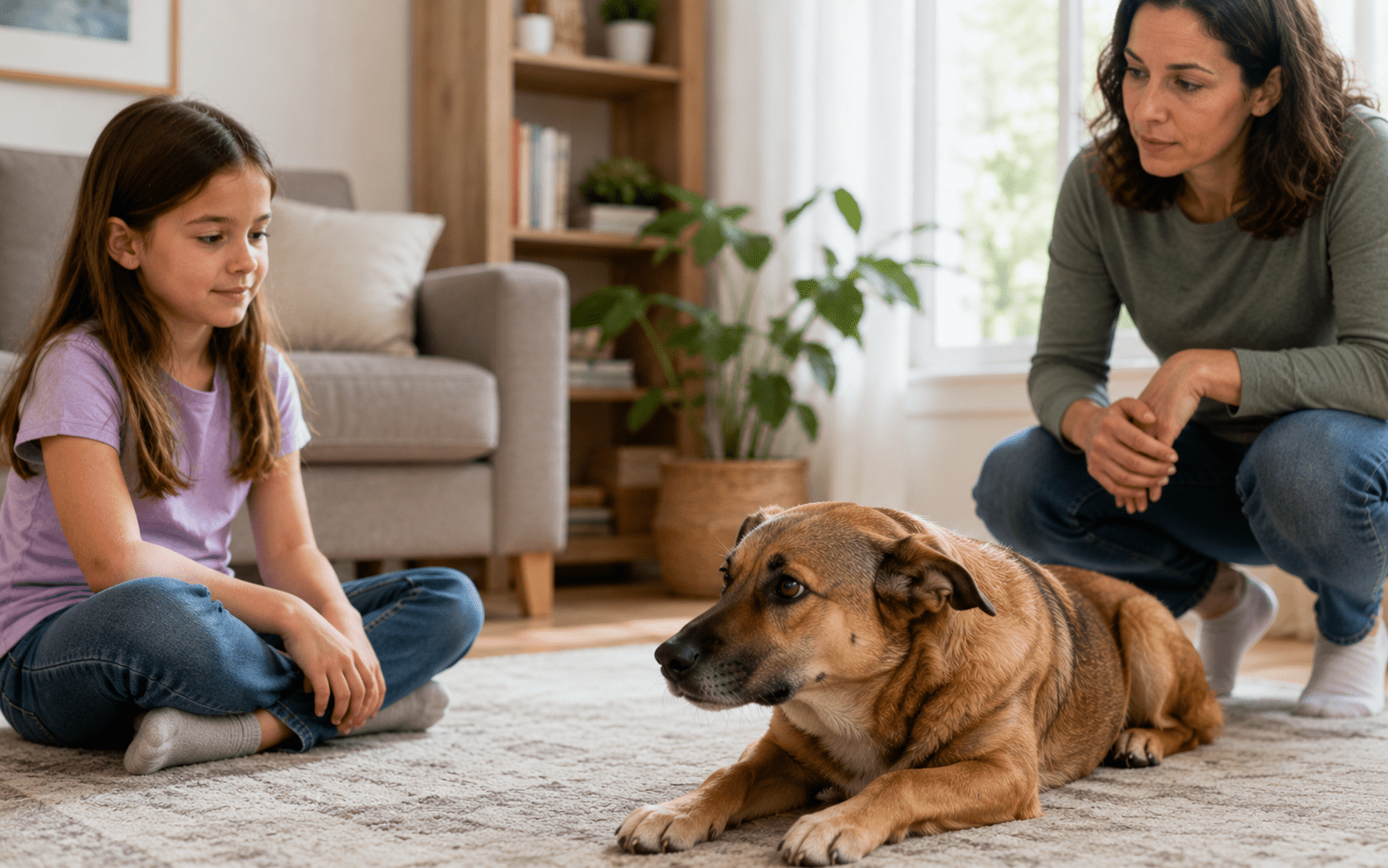 Dog Ear Signals Decoded: What Every Position Tells You 5 A girl and a woman kneel on a living room carpet, looking at a large brown dog lying down between them. The scene is calm, with natural light and houseplants in the background.