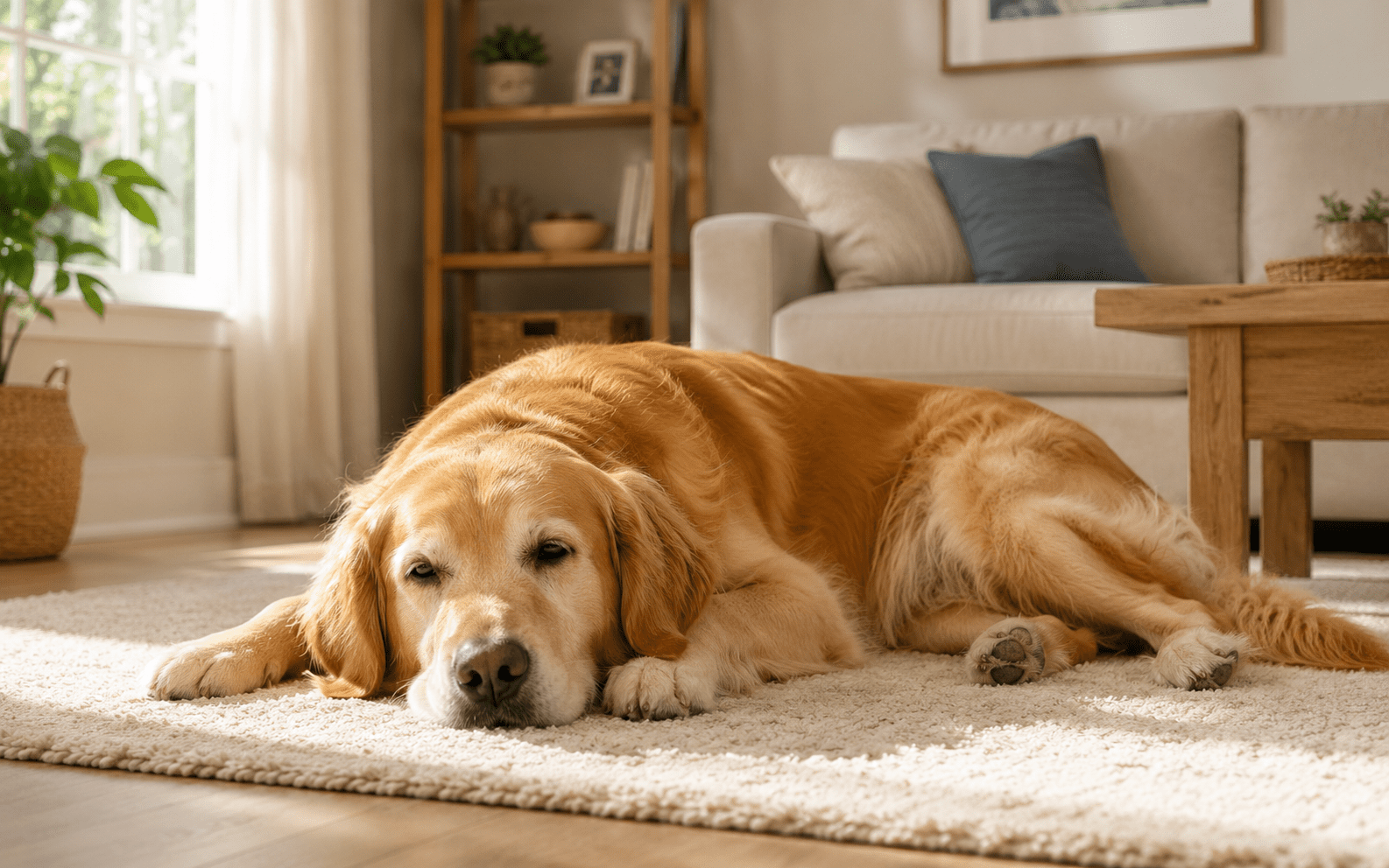 Dog Ear Signals Decoded: What Every Position Tells You 1 A golden retriever lies on a light-colored rug in a cozy living room with sunlight streaming in through a window, next to a beige sofa and wooden coffee table.