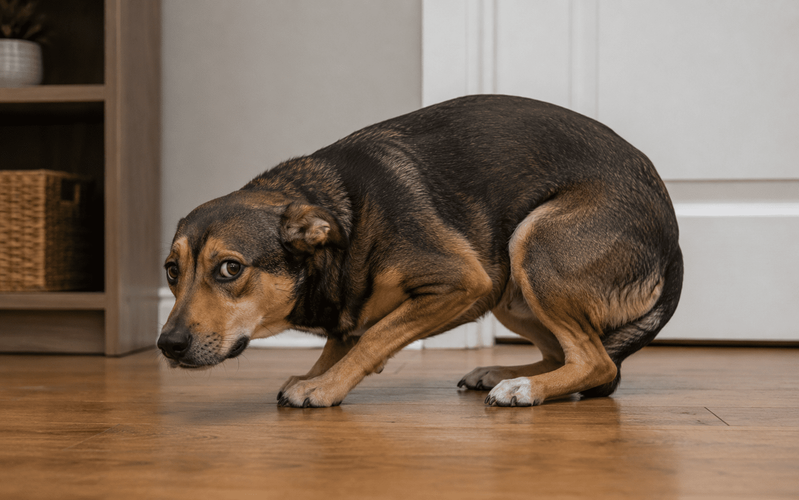 Dog Ear Signals Decoded: What Every Position Tells You 2 A medium-sized brown and black dog crouches on a wooden floor, looking up with wide, worried eyes and its tail tucked between its legs, appearing anxious or scared.