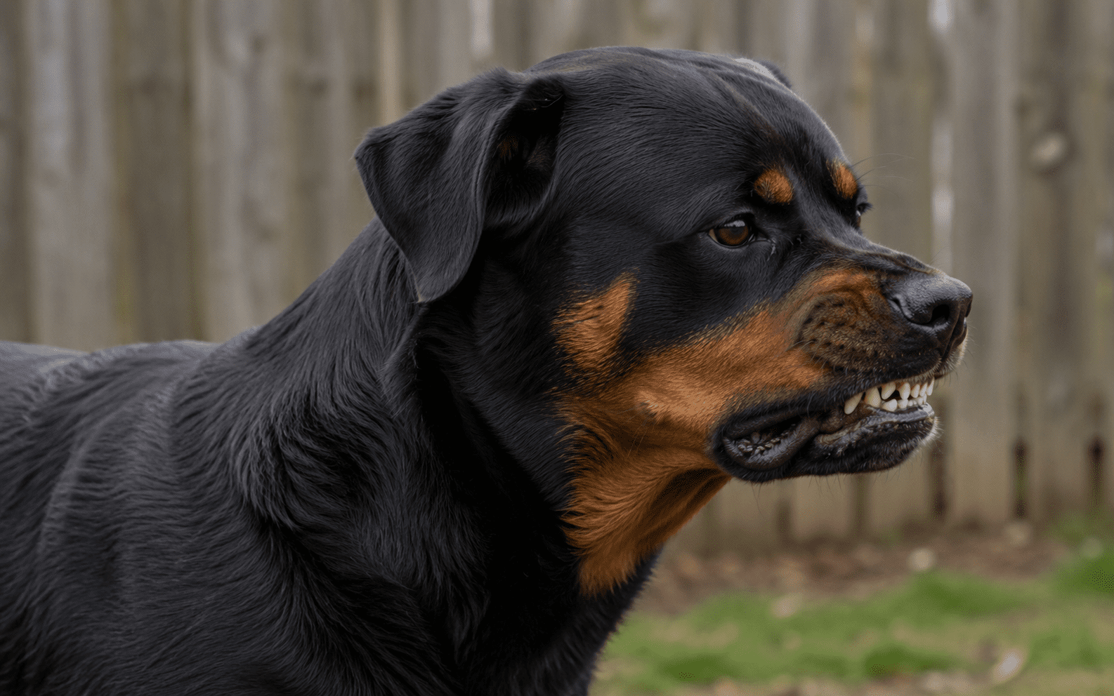 How Do Dogs Communicate With Each Other (and What It Means for You) 2 A close-up of a Rottweiler dog showing its teeth and appearing alert or defensive, with a wooden fence and grass in the blurred background.