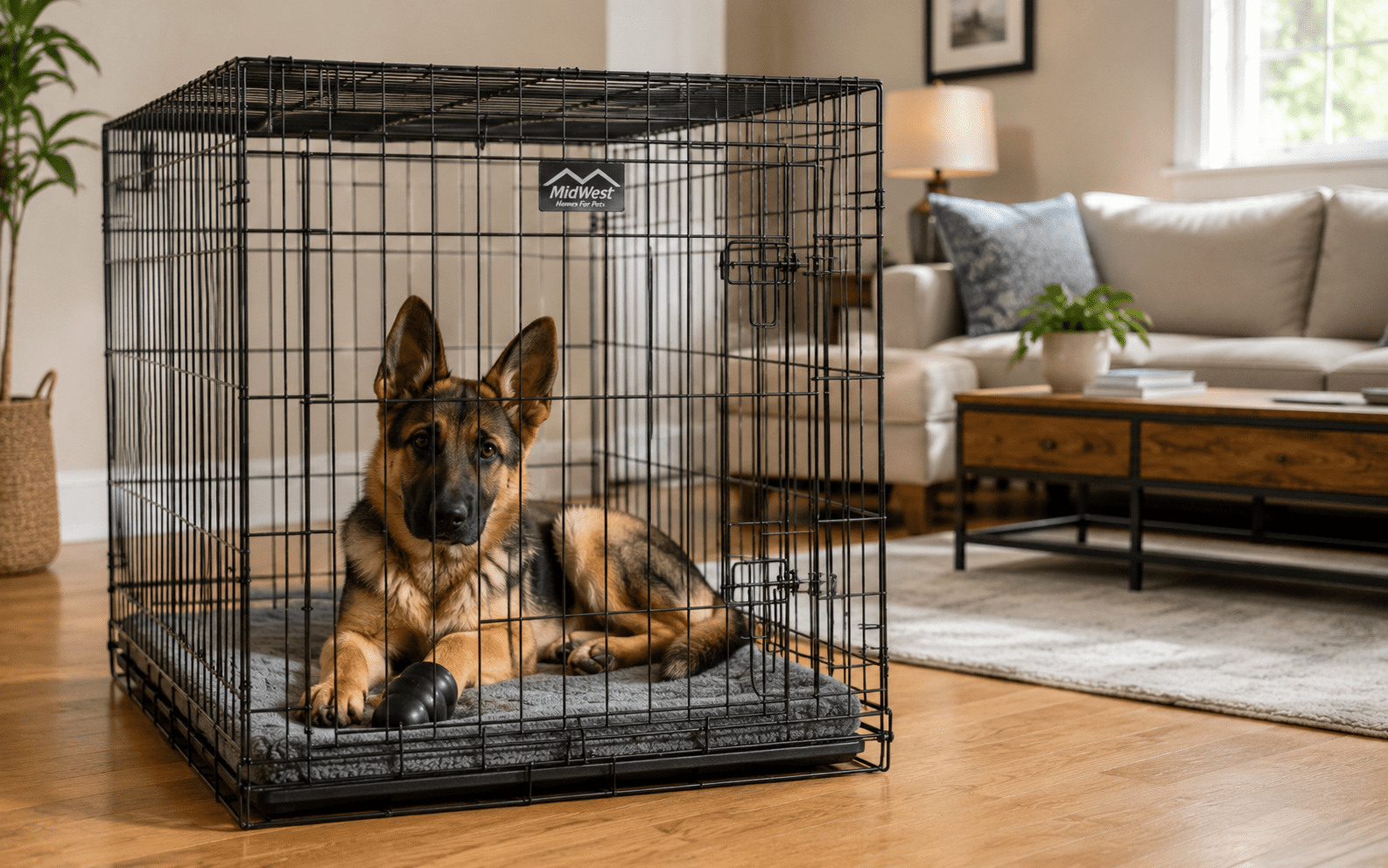 How to Stop a Dog from Marking in the House 3 A German Shepherd sits inside a black wire crate on a gray mat in a bright living room with wooden floors, a coffee table, and a potted plant by the window.