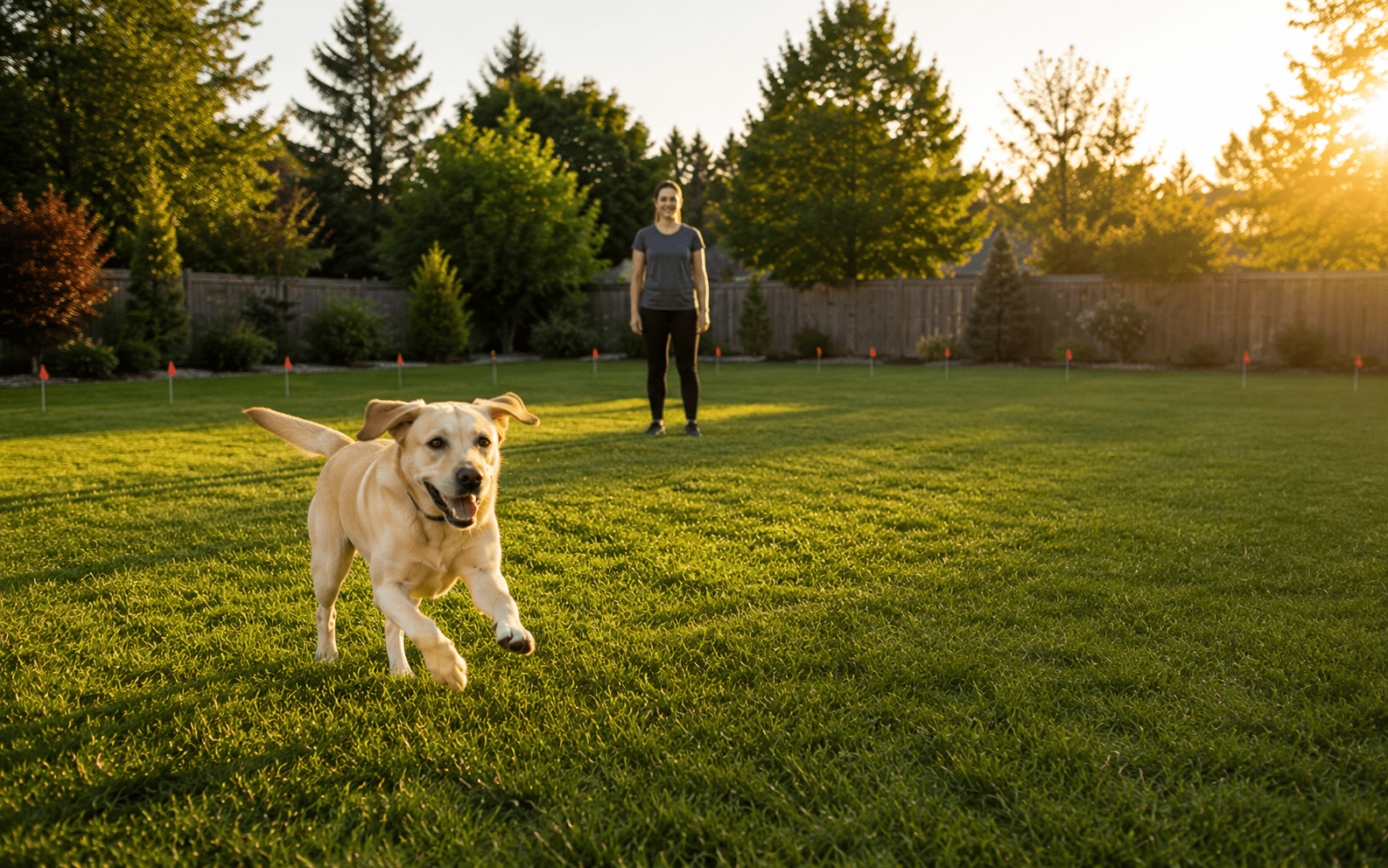 How to Train a Dog on Invisible Fence: Steps That Actually Work 4 A yellow Labrador retriever runs joyfully across a sunlit grassy yard, while a person stands in the background watching. The scene is bright with trees and a wooden fence visible.