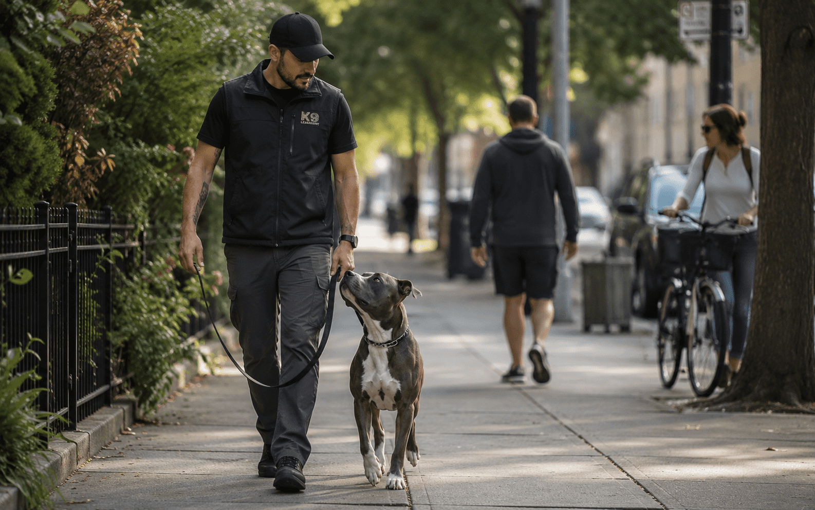 What Is Balanced Dog Training and How Does It Actually Work 3 Man in a K9 vest walks his pit bull on a leash down a sidewalk.
