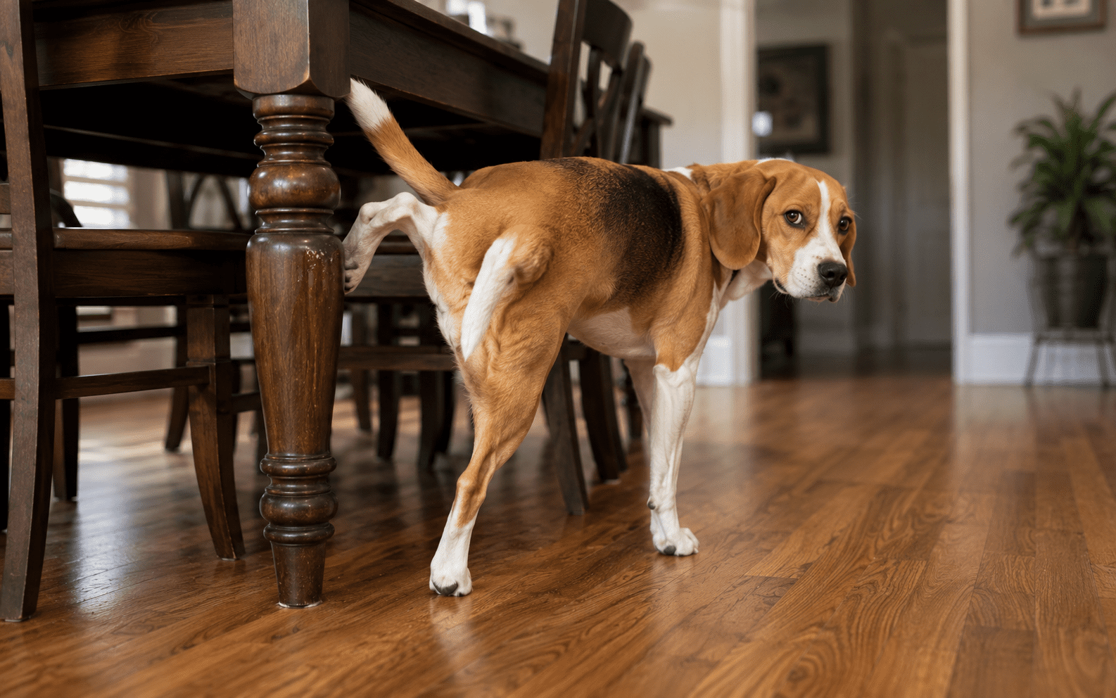 How to Stop a Dog from Marking in the House 1 A beagle lifts its leg to urinate on a wooden dining table leg in a home with hardwood floors, looking back over its shoulder.