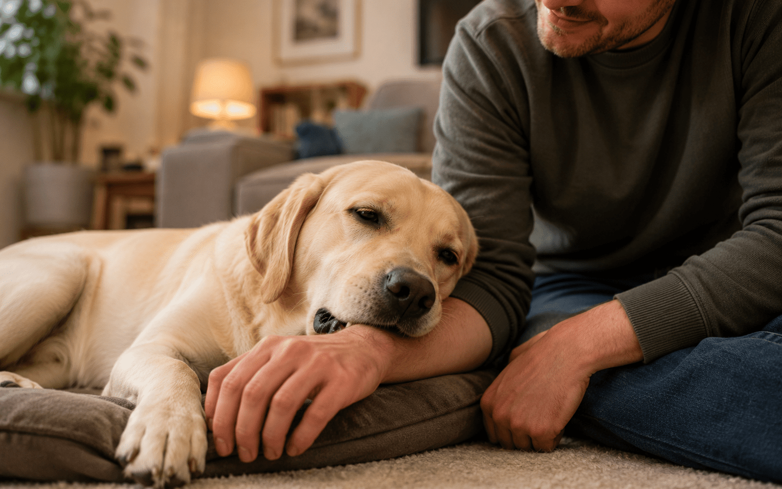 Why Do Dogs Nibble on You? What It Really Means 1 A yellow Labrador retriever lies on a dog bed, gently resting its head on a man's arm. The man sits nearby on the carpet, smiling warmly at the relaxed dog in a cozy living room setting.