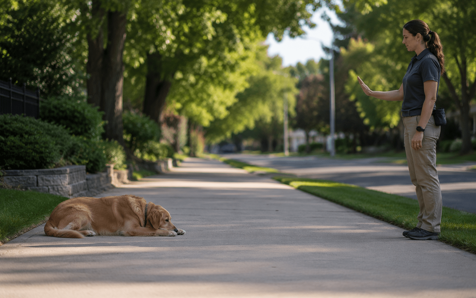 How to Train Your Dog to Be a Comfort Dog: Steps That Actually Work 1 A woman stands on a sidewalk holding her hand up, signaling a golden retriever to stay. The dog is lying down on the sidewalk, surrounded by greenery in a quiet suburban neighborhood.