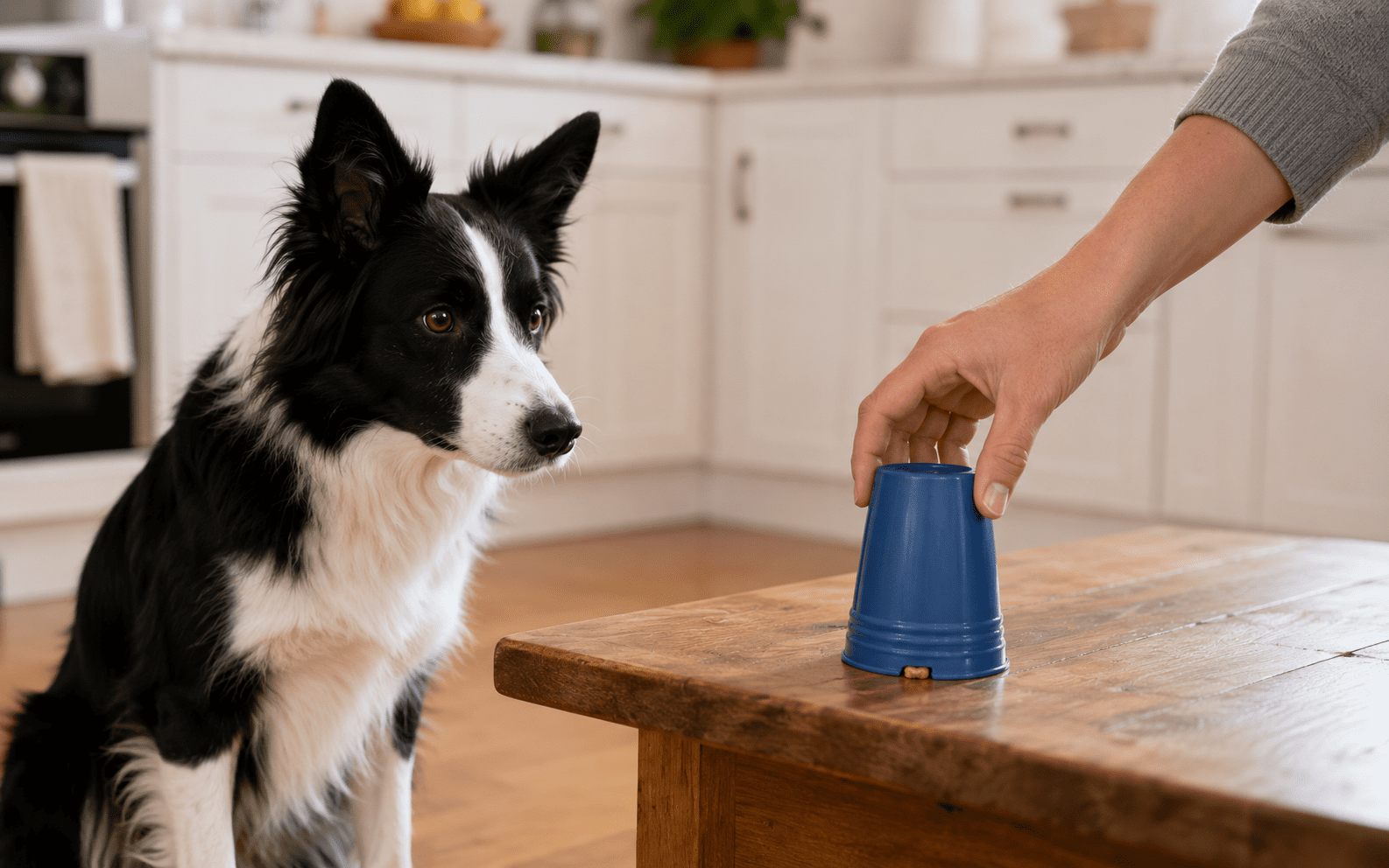 Do Dogs Have Object Permanence? 3 A black and white dog watches intently as a person covers a small treat with a blue plastic cup on a wooden table in a kitchen.