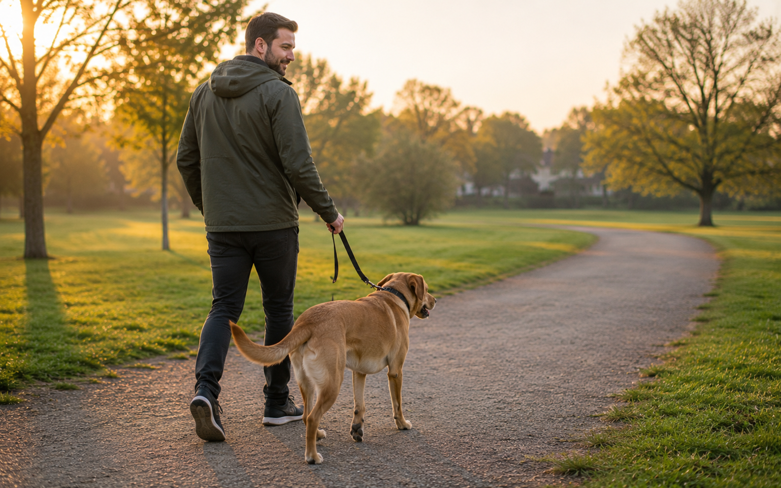 How to Calm a Reactive Dog: What Actually Works 1 A man in a green jacket walks a tan dog on a leash along a paved path in a park during sunrise, with trees and grass surrounding them.
