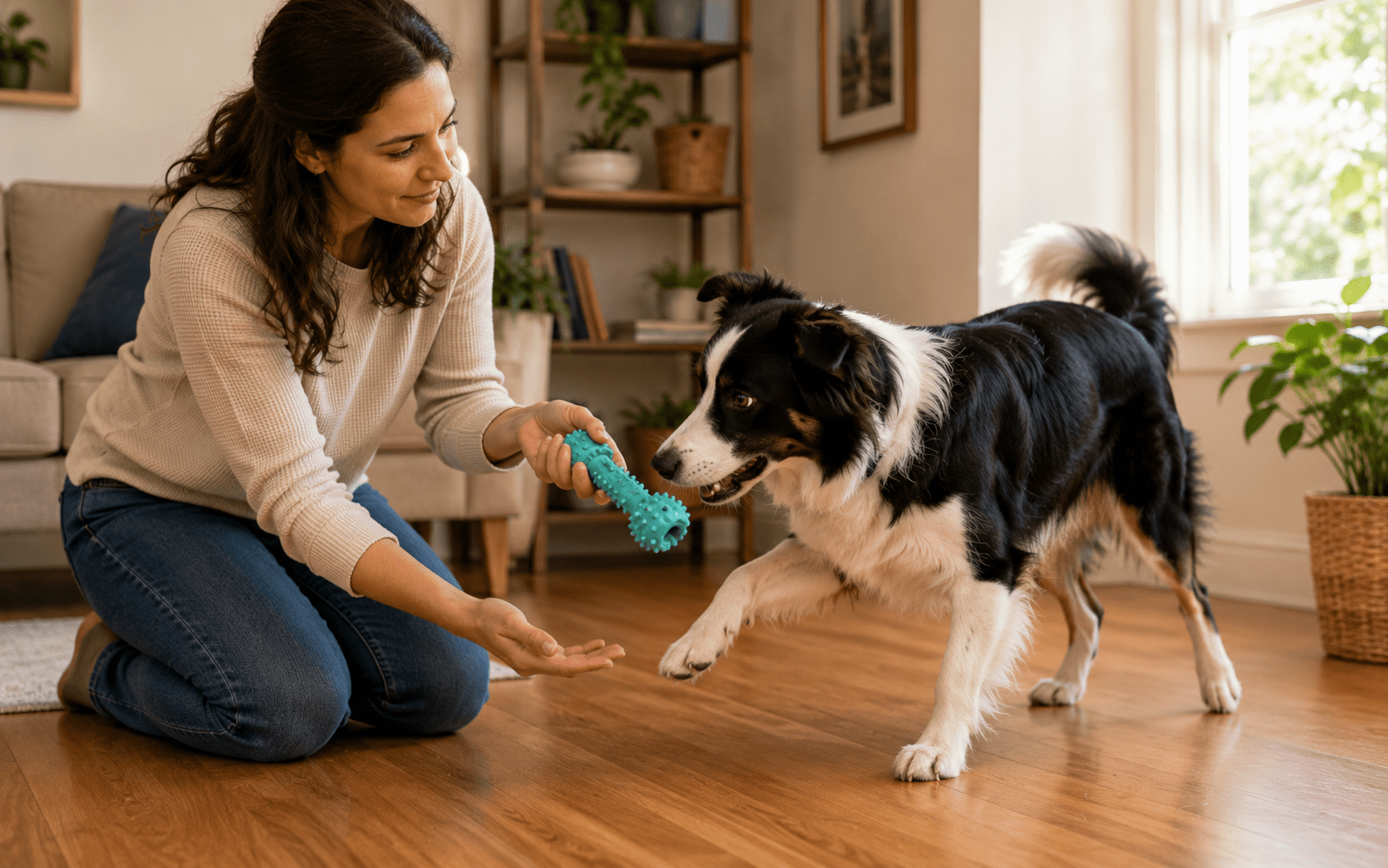 Why Do Dogs Nibble on You? What It Really Means 4 A woman kneels on a wooden floor indoors, holding a blue textured dog toy, while a black and white dog lifts its paw playfully toward her. Sunlight streams in through a nearby window.