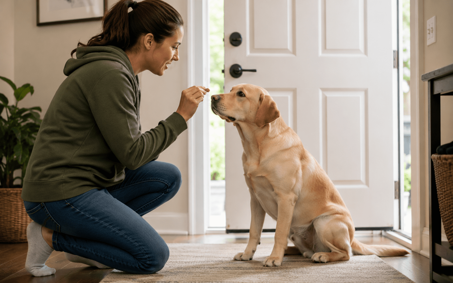 How to Stop Dog from Scratching Door: Fixes That Actually Work 1 A woman in a green hoodie kneels on the floor, holding a treat and training a yellow Labrador retriever who sits attentively by the open front door in a cozy, well-lit home.