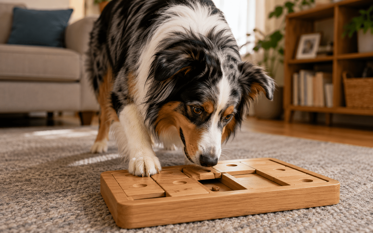 Do Dogs Have Object Permanence? 2 A dog with a black, white, and brown coat interacts with a wooden puzzle toy on a carpeted floor in a cozy living room with bookshelves and plants in the background.