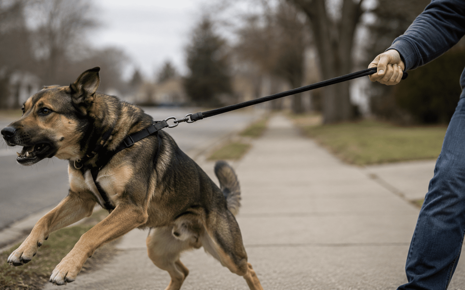 How to Teach Loose Leash Walking: Stop the Pull for Good 1 A large dog on a leash pulls forward energetically on a sidewalk, while a person's hand holds the leash tightly. Trees and houses are visible in the background.