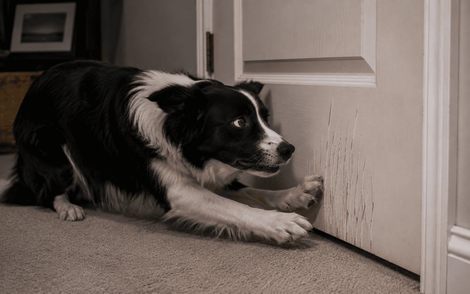How to Stop Dog from Scratching Door: Fixes That Actually Work 2 A black and white dog crouches on a carpet, scratching at a white door with visible scratch marks, appearing anxious or eager to get through.
