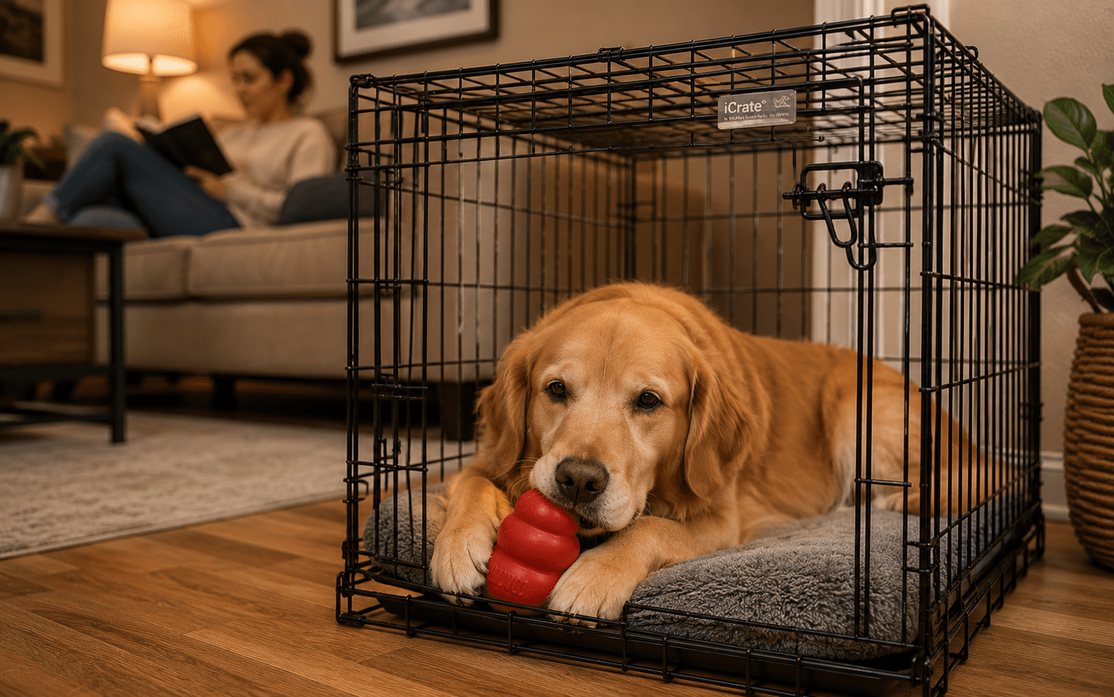 How to Crate Train an Adult Dog: What Actually Works 3 A golden retriever chews on a red toy inside a dog crate.