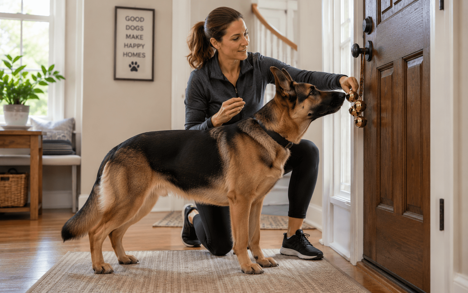 How to Bell Train a Dog: Steps That Actually Work 4 A woman kneels by her front door, encouraging her German Shepherd to touch a set of hanging bells with its nose. The home interior is bright and welcoming, with a sign on the wall that reads “GOOD DOGS MAKE HAPPY HOMES.”.
