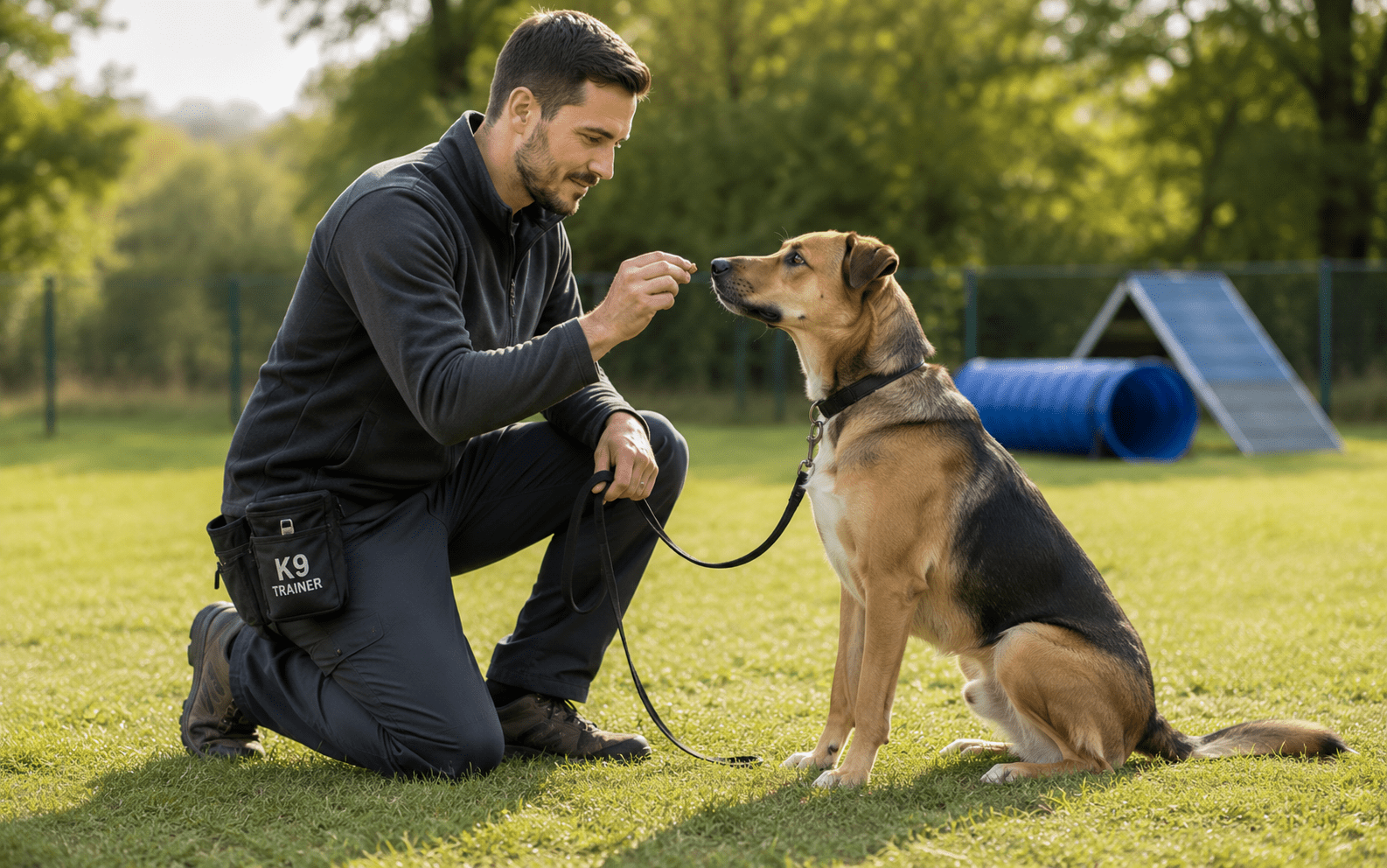 Why Do Dogs Drool: Real Causes Every Dog Owner Should Know 5 A man wearing a "K9 Trainer" pouch kneels on grass, holding a treat in front of a sitting dog on a leash. Agility equipment is visible in the background on a sunny day.