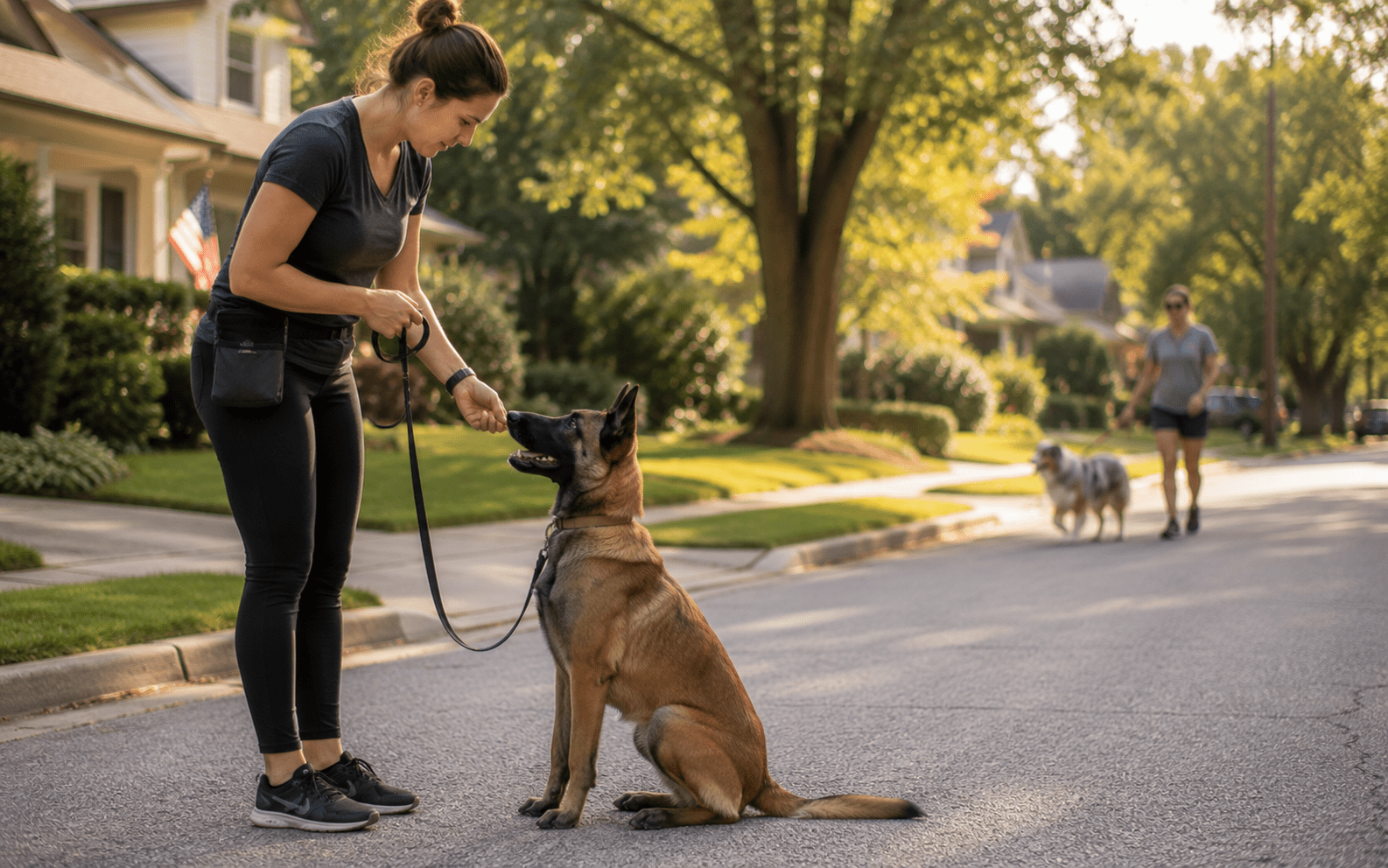 How Do Dogs Communicate With Each Other (and What It Means for You) 5 A woman trains a sitting Belgian Malinois dog on a suburban street, rewarding it with a treat. Trees and houses line the street, and another person walks two dogs in the background.