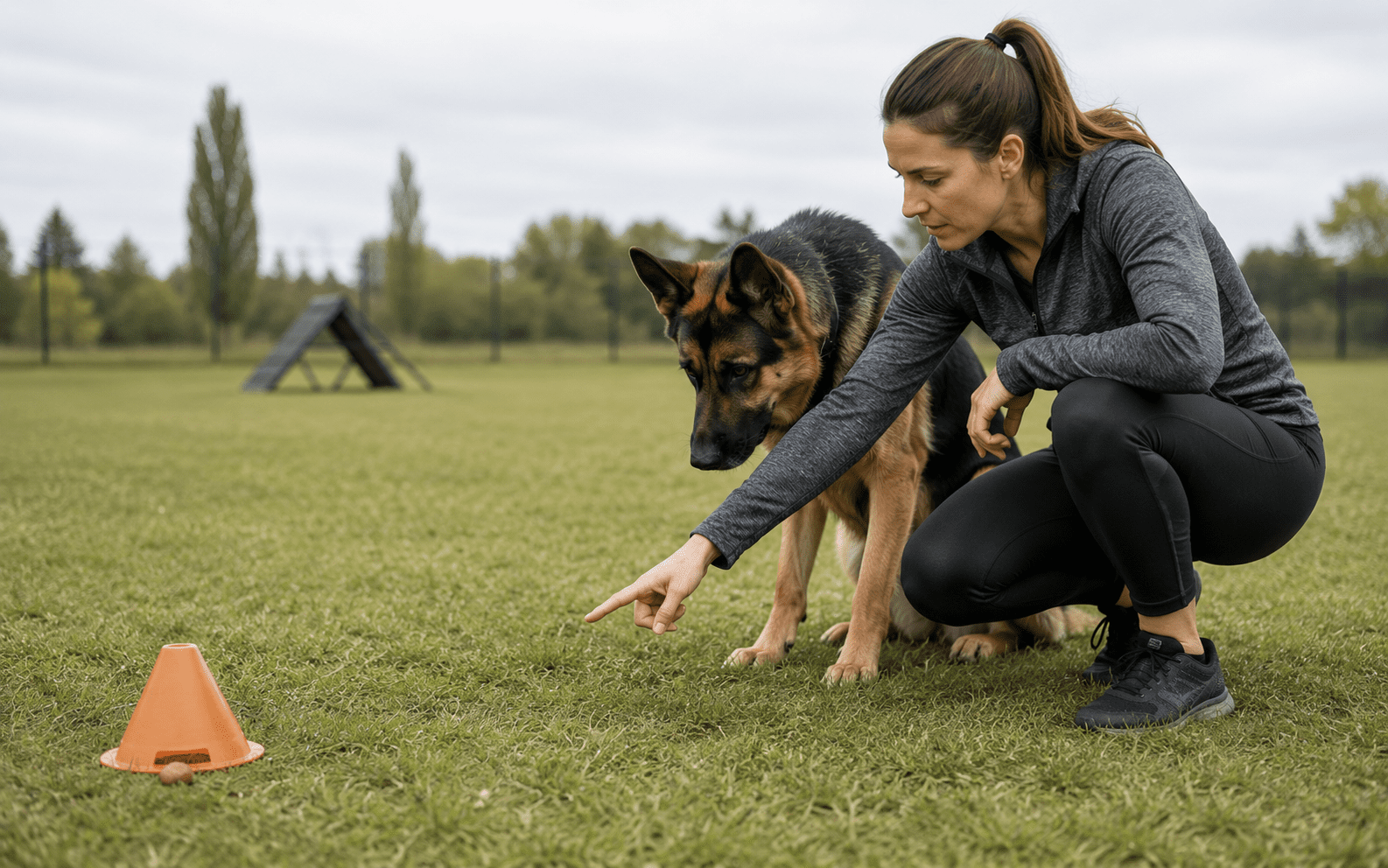 Do Dogs Have Object Permanence? 5 A woman crouches on grass next to a German Shepherd, pointing at an orange cone on the ground during a training session in an open park.