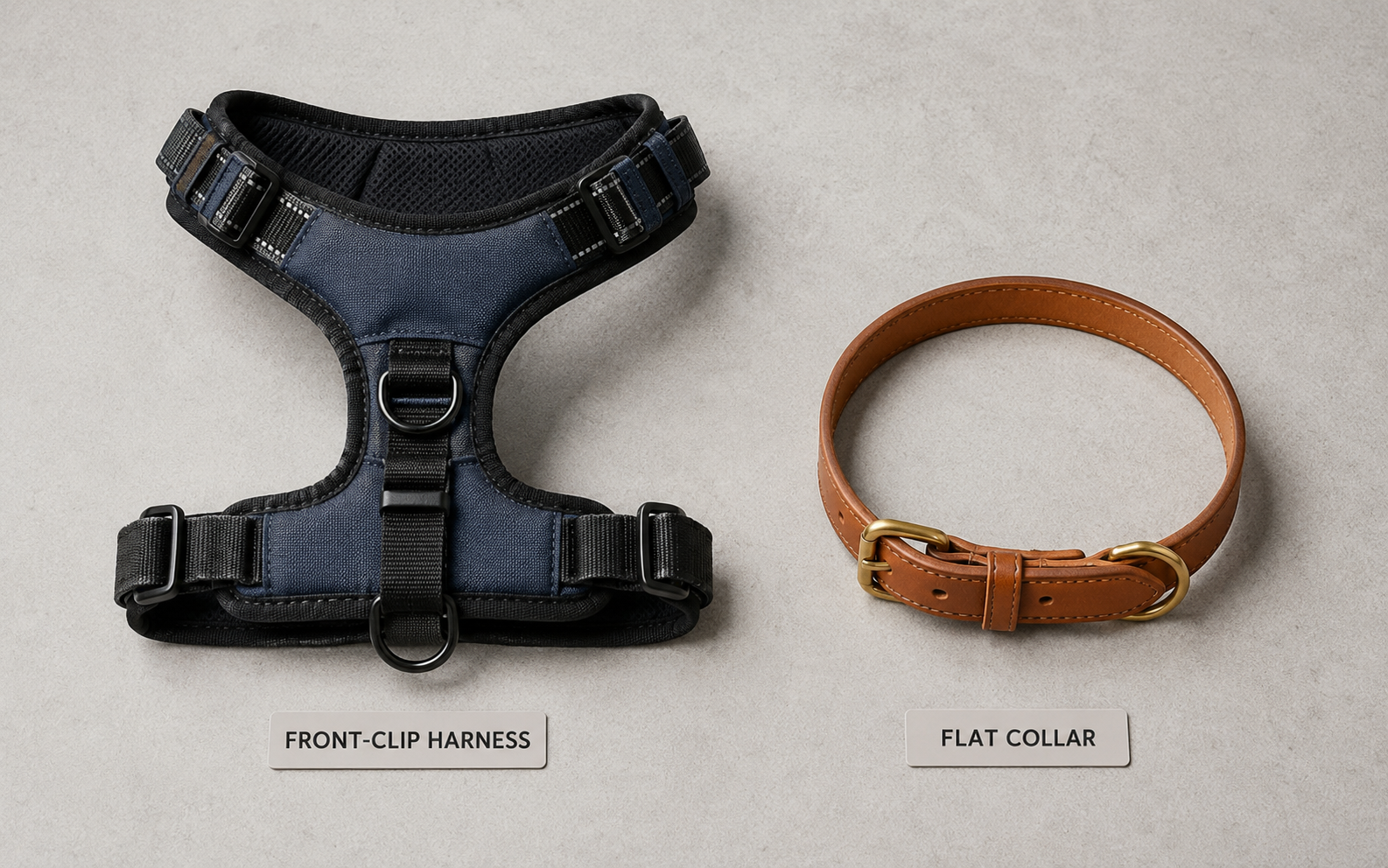 How to Calm a Reactive Dog: What Actually Works 3 A black front-clip dog harness is shown on the left, and a brown flat dog collar with gold buckles is on the right, both labeled on a gray surface.
