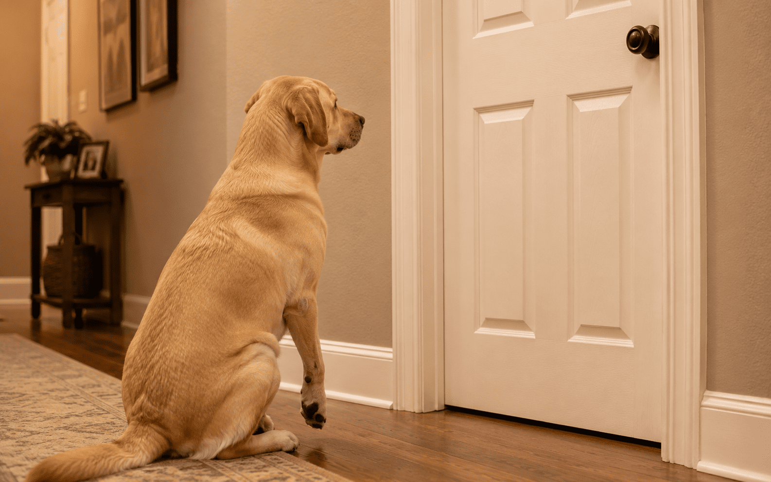 Do Dogs Have Object Permanence? 1 A yellow Labrador retriever sits on a wooden floor, attentively facing a closed white door in a hallway with warm lighting and neutral decor.
