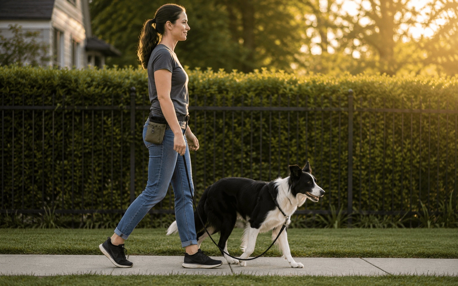 How to Teach Loose Leash Walking: Stop the Pull for Good 4 A woman with a ponytail walks a black and white dog on a leash along a sidewalk in a suburban neighborhood, with green hedges and trees in the background on a sunny day.
