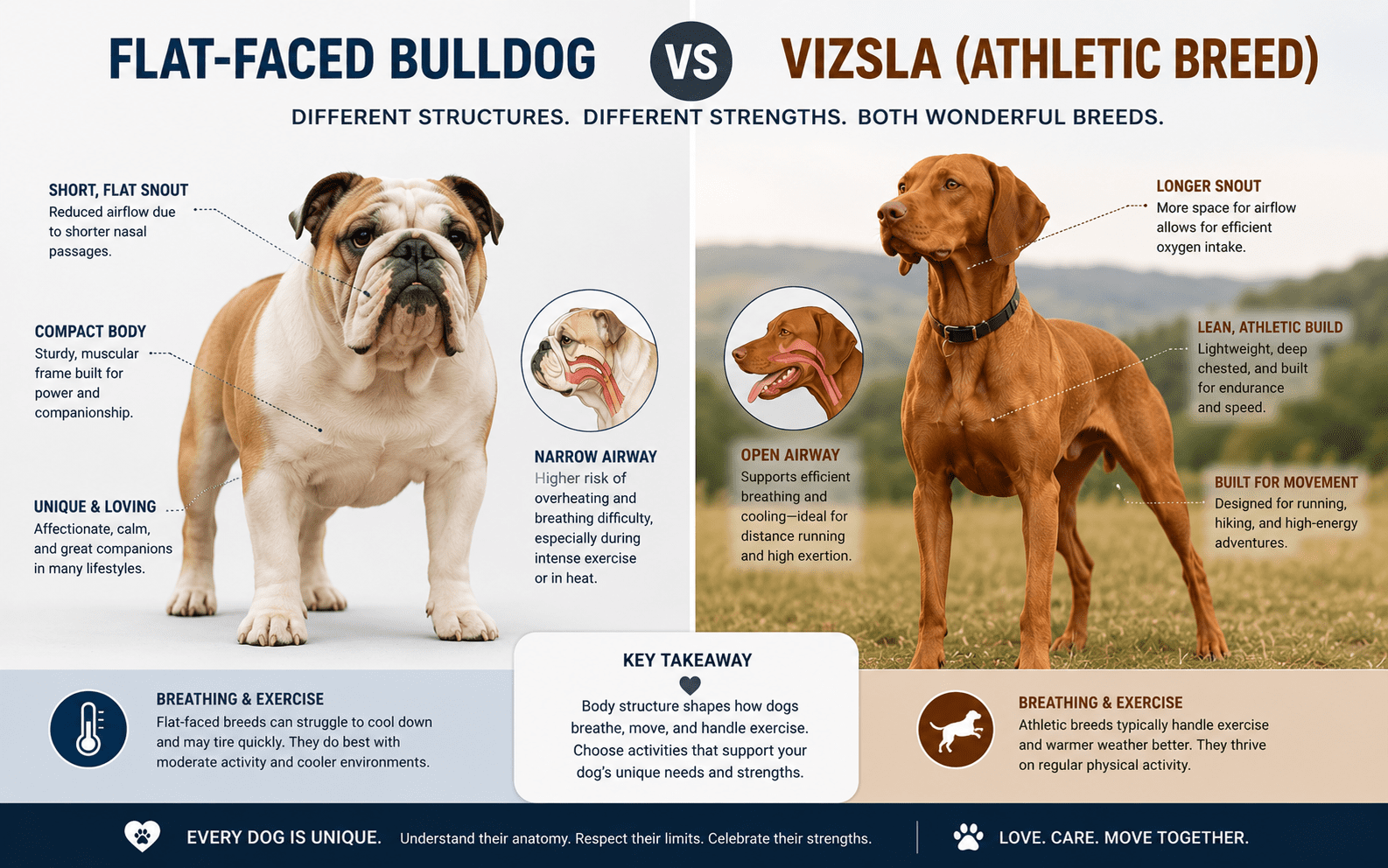 Best Dog Breeds for Running: Top Picks for Every Type of Runner 4 Infographic comparing a flat-faced bulldog and a vizsla. The bulldog has a short snout, compact body, and narrow airway. The vizsla has a lean body, open airway, athletic build, and is built for movement.