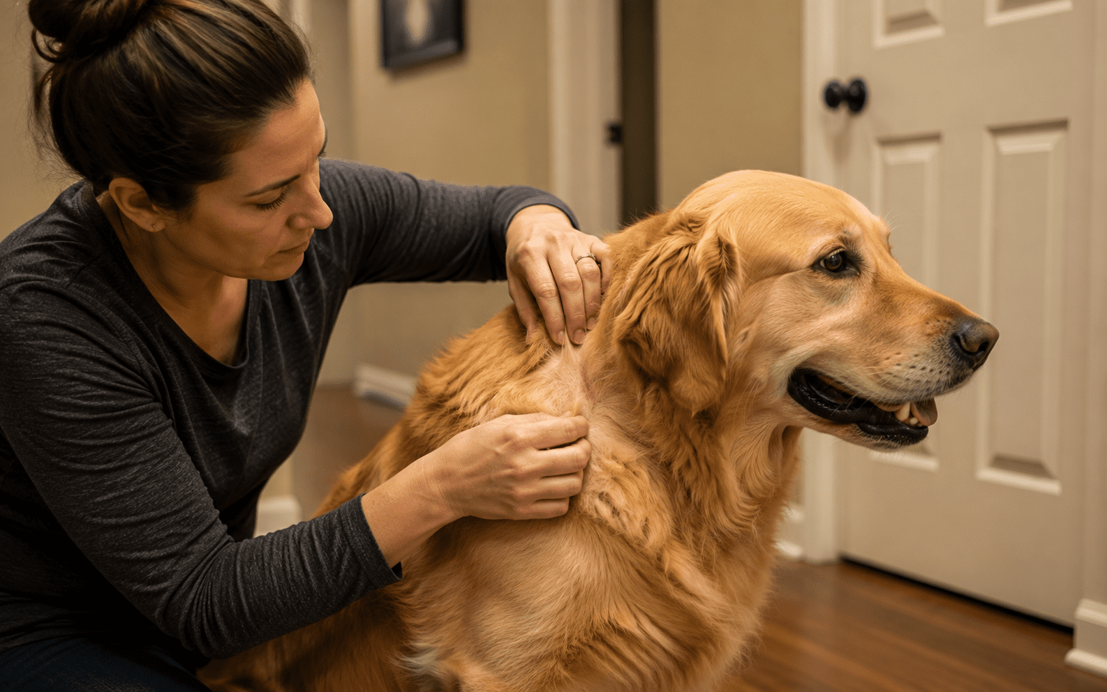 How to Stop Dogs From Fighting Before It Gets Worse 3 A woman gently checks the skin and fur on the neck of a golden retriever indoors, possibly examining for ticks or skin issues. The dog sits calmly while being inspected.