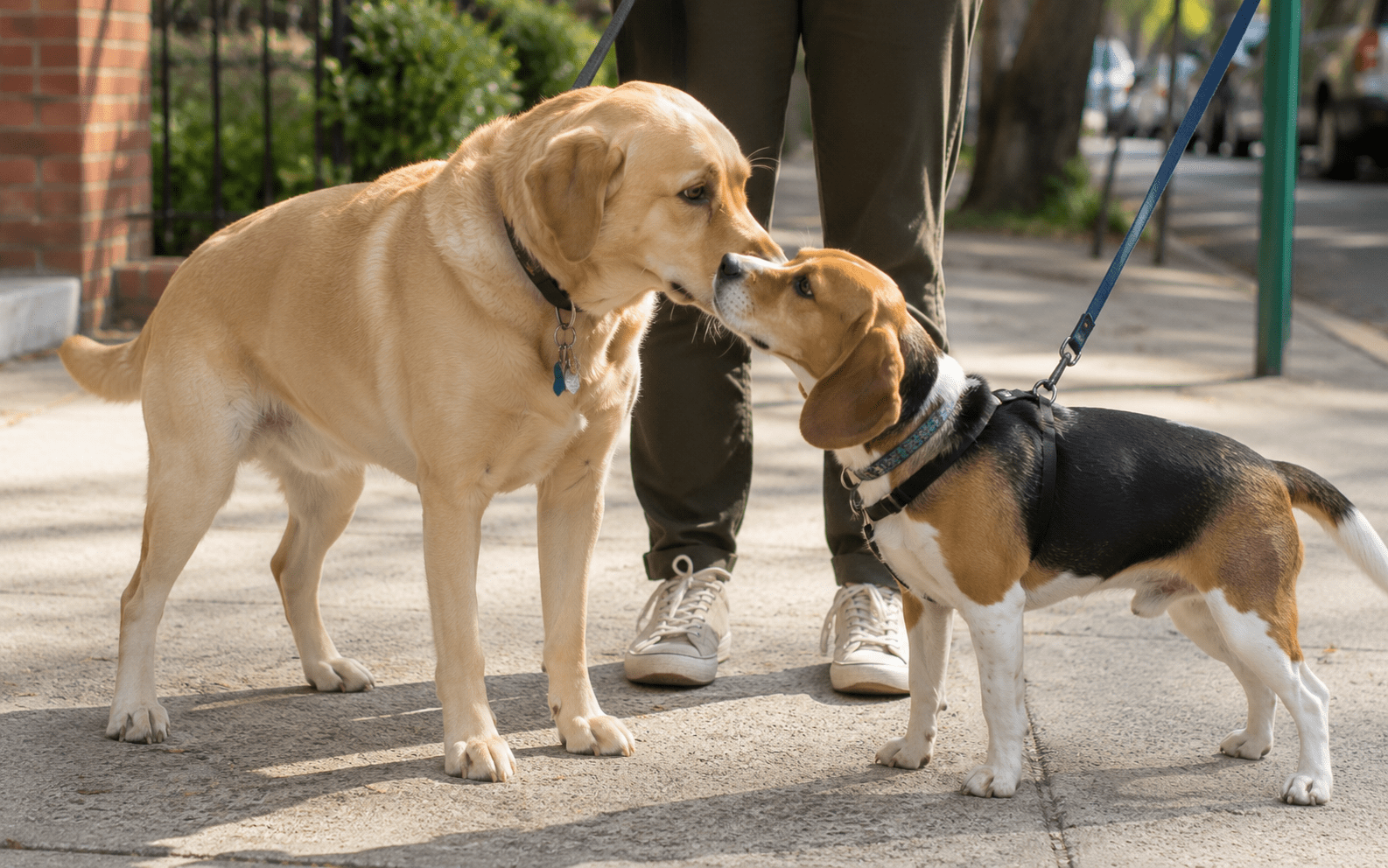 How Do Dogs Communicate With Each Other (and What It Means for You) 3 A large yellow Labrador and a small Beagle, both on leashes, touch noses on a sidewalk. A person stands behind them, holding their leashes, with only their legs visible.