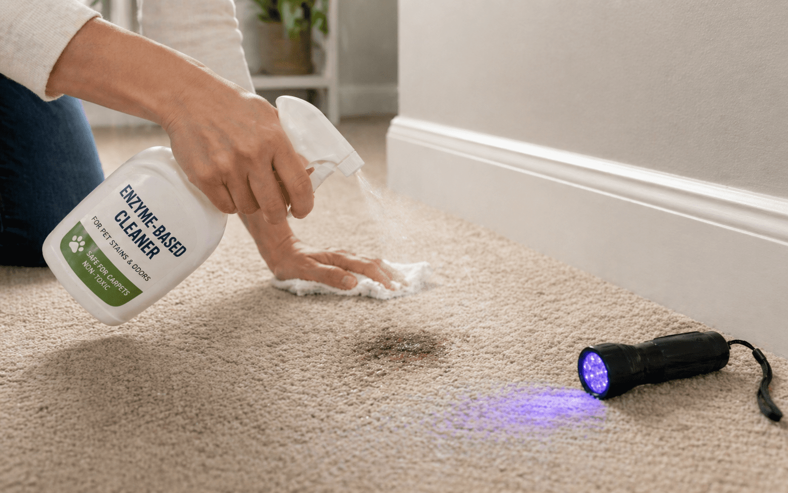 How to Stop a Dog from Marking in the House 2 A person sprays enzyme-based cleaner onto a stained carpet while wiping with a cloth. A blacklight flashlight lies nearby, illuminating the carpet.