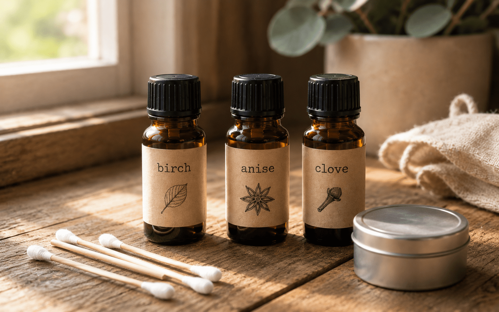 How to Scent Train a Dog: Steps, Scents, and What Actually Works 3 Three brown glass bottles labeled birch, anise, and clove sit on a wooden surface with cotton swabs nearby.