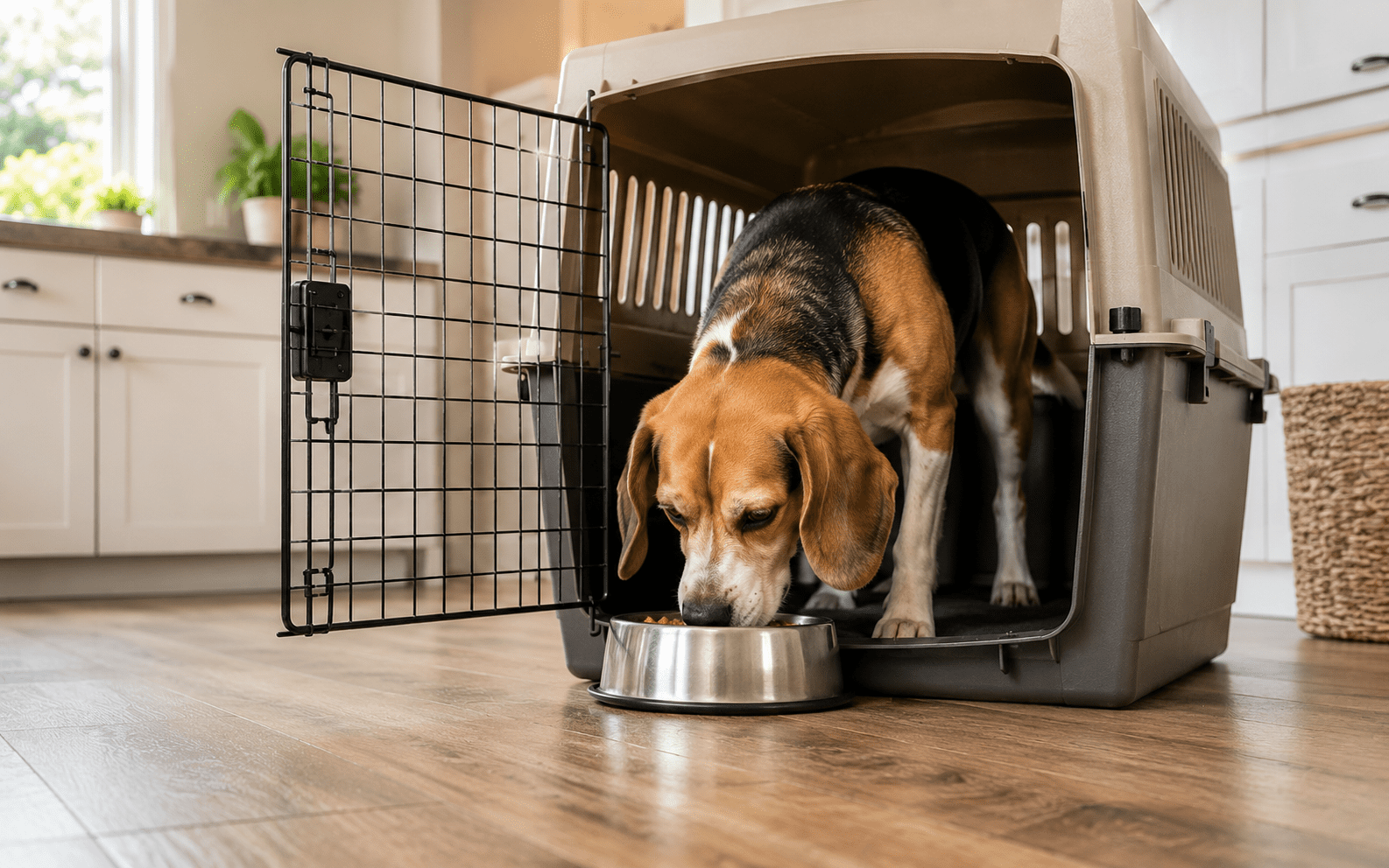 How to Crate Train an Adult Dog: What Actually Works 2 A beagle eats from a bowl outside a dog crate in a kitchen.