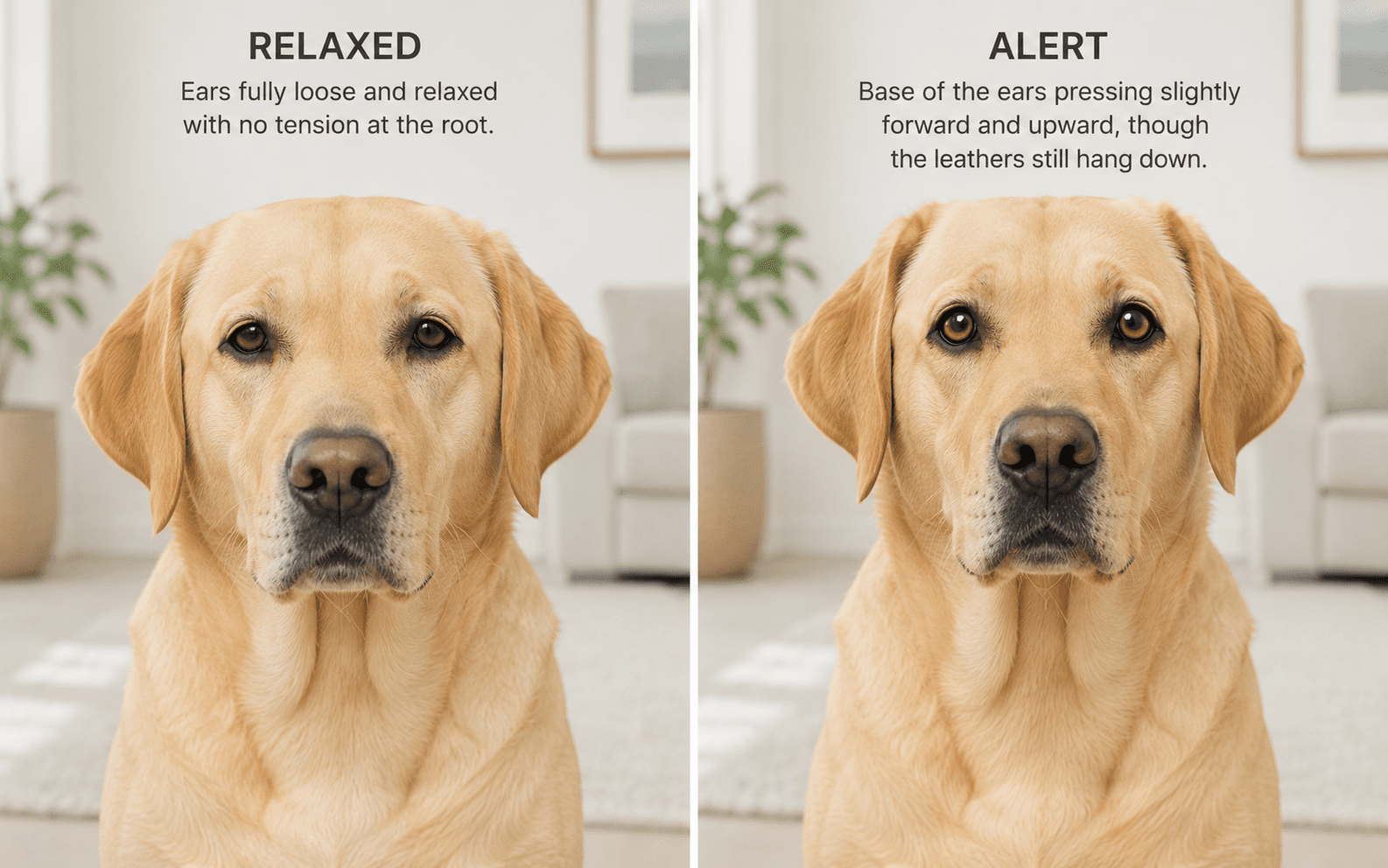Dog Ear Signals Decoded: What Every Position Tells You 4 Side-by-side photos of a yellow Labrador Retriever: left shows a relaxed dog with loose ears, right shows the same dog alert with ears slightly forward and upward. Descriptive text appears above each image.
