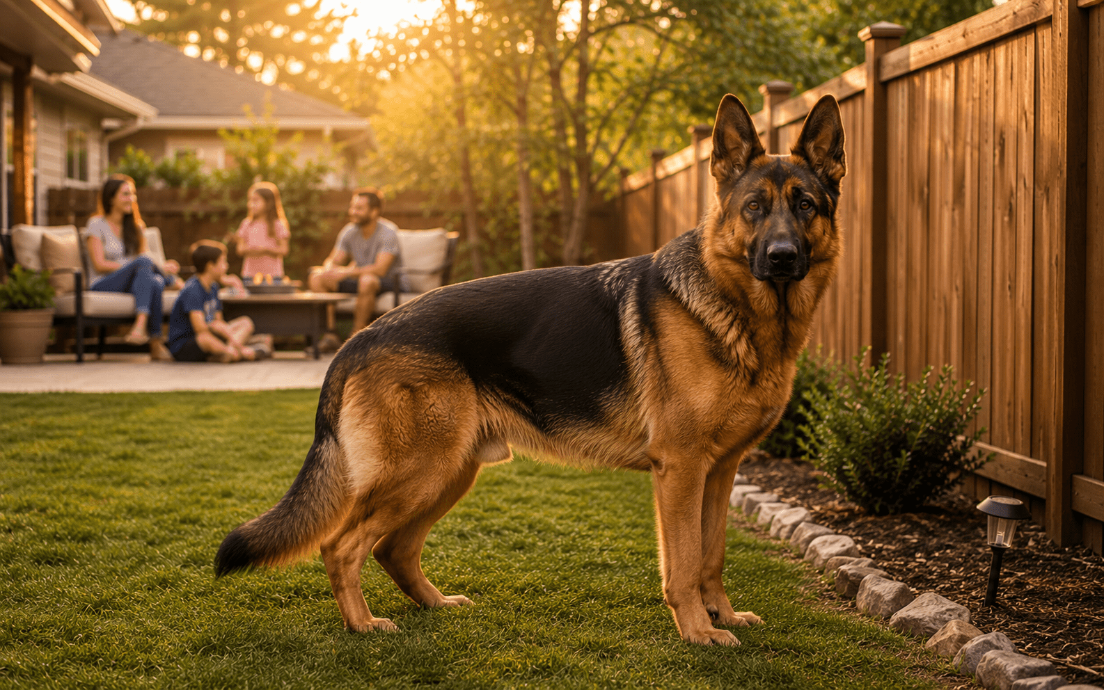 What Are Good Guard Dog Breeds and How to Know If One's Right for You 2 A German Shepherd stands alert on green grass in a backyard, while a family of four relaxes and talks together on outdoor furniture in the background during a sunny day.