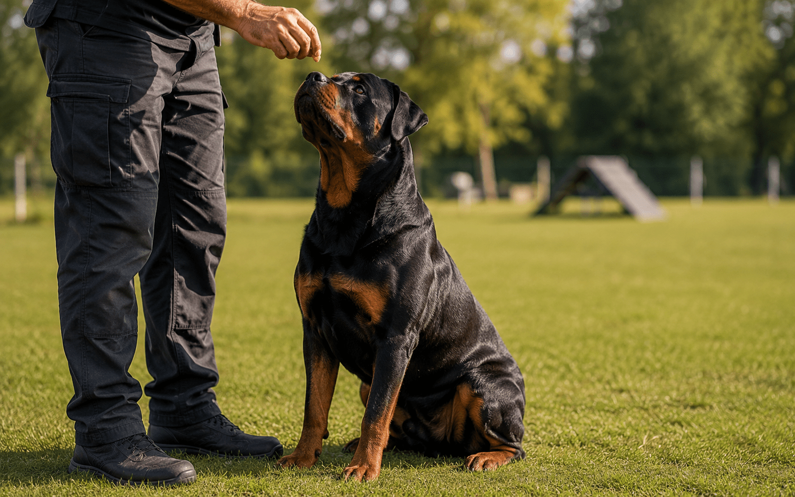 What Are Good Guard Dog Breeds and How to Know If One's Right for You 1 A person in dark clothing holds a treat above a sitting Rottweiler on a grassy field, with trees and agility equipment in the background.