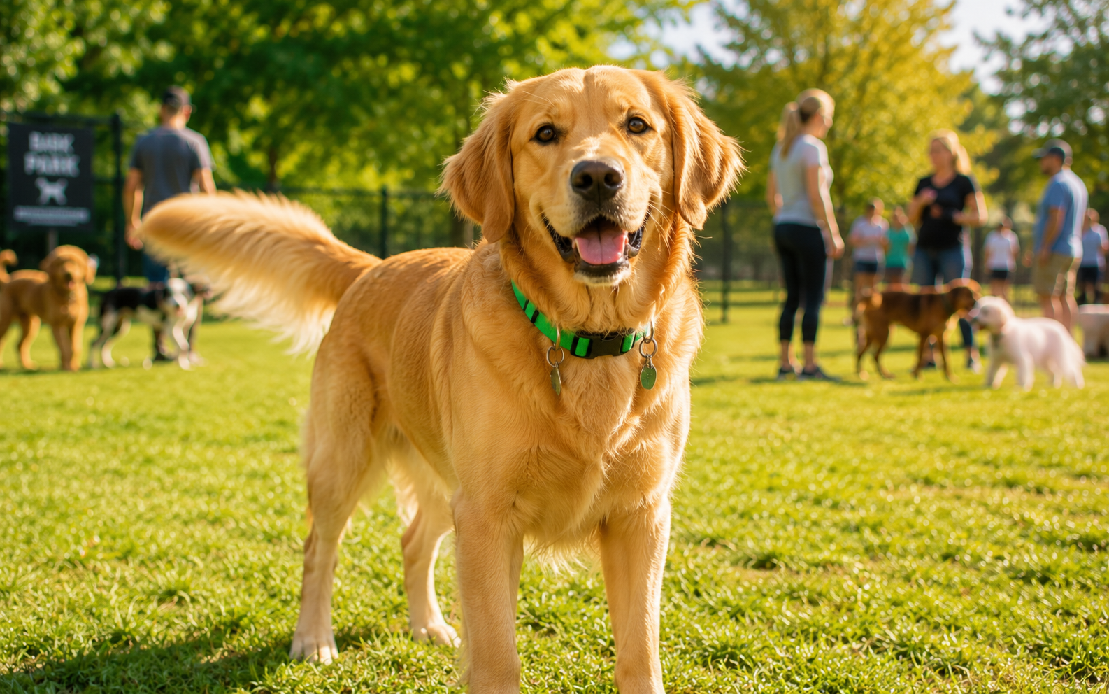 Dog Collar Color Meaning: What Each Color Signals to Strangers 3 A happy golden retriever stands on green grass at a dog park, looking at the camera. Several people and dogs are visible in the background on a sunny day.