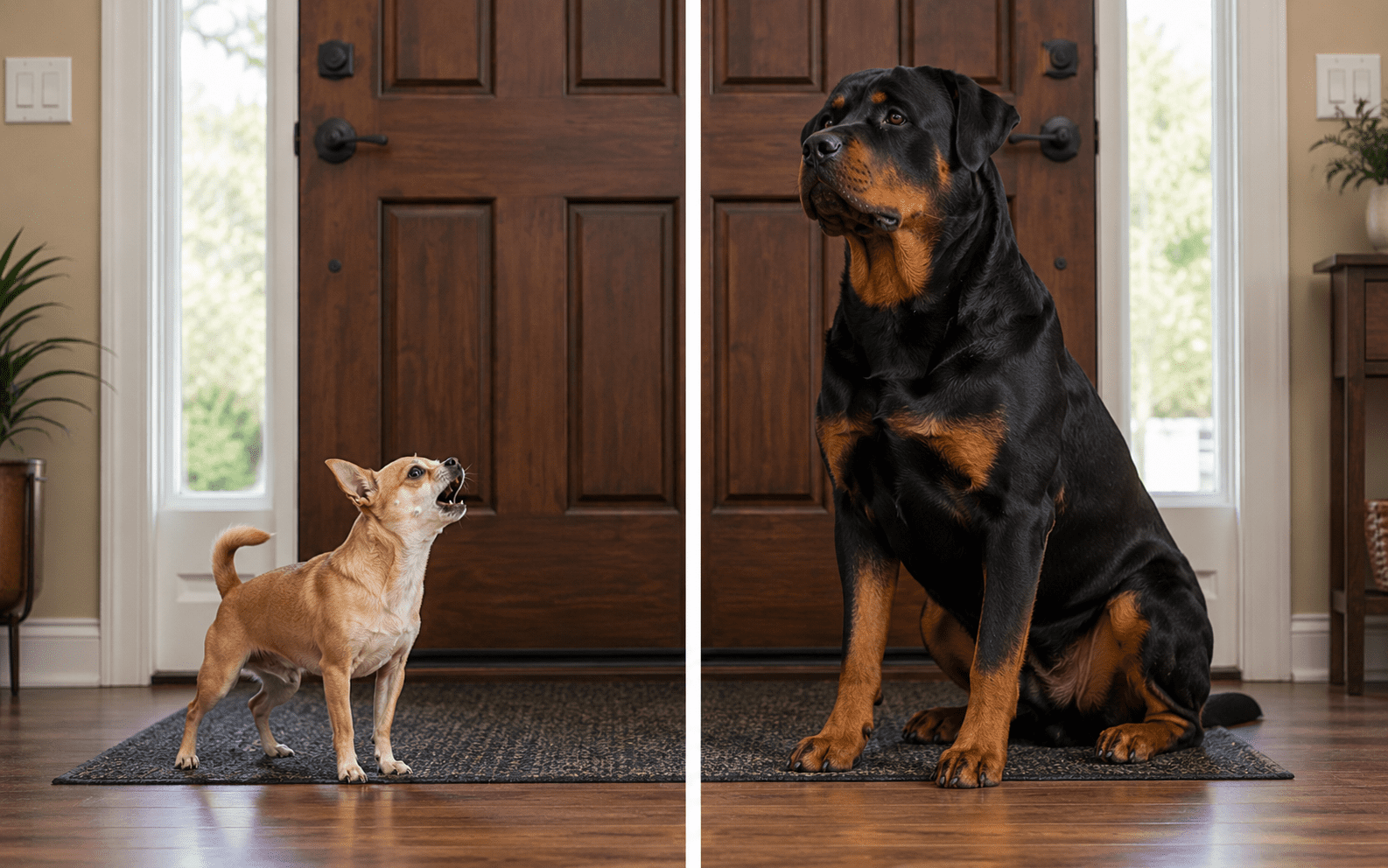 What Are Good Guard Dog Breeds and How to Know If One's Right for You 3 A small tan Chihuahua is barking at a large black and tan Rottweiler. They are indoors, sitting on a dark rug in front of a wooden door. The dogs are divided by a white line down the middle.