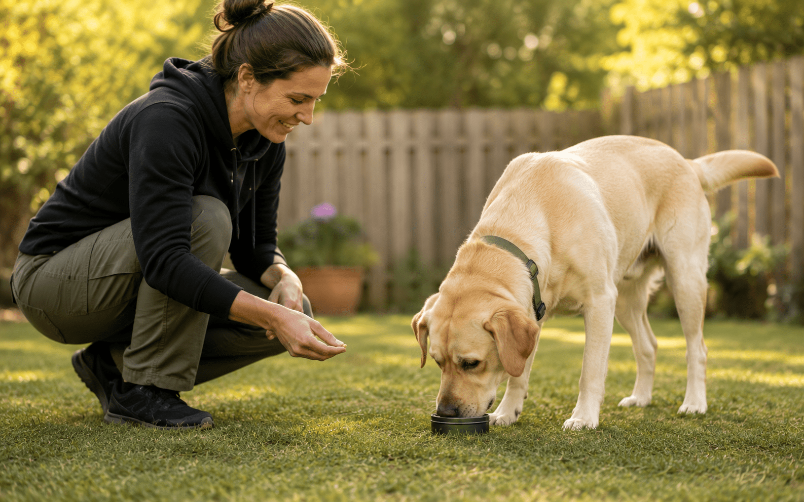 How to Scent Train a Dog: Steps, Scents, and What Actually Works 4 A smiling woman kneels beside a yellow lab eating dog food from a bowl on a green grassy lawn outdoors.