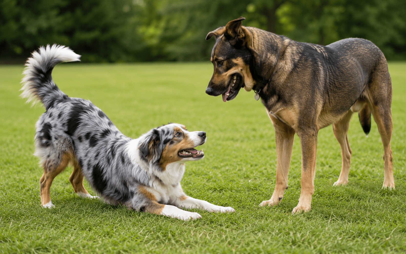 How Do Dogs Communicate With Each Other (and What It Means for You) 4 Two dogs play on a grassy field; one is a gray and white Australian Shepherd in a play bow, and the other is a larger brown and black dog standing, both looking at each other happily. Trees are in the background.